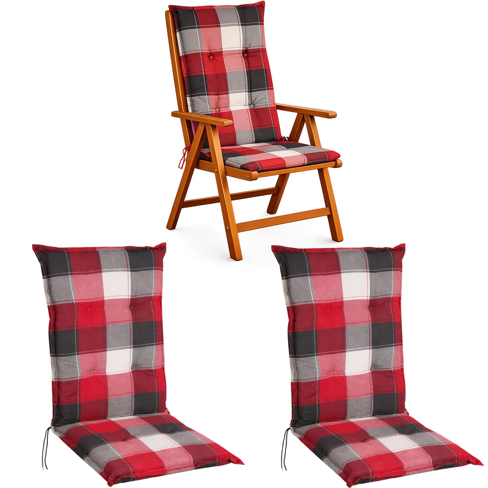 BURI 2 x High-Backed Chair Cushion 117 x 49 x 6 cm - Weatherproof Garden Chair Cushion with Foam Core & Full Fleece, Retaining Strap & Ties Comfortable Chair Cushion for Balcony, Patio and Garden (Red