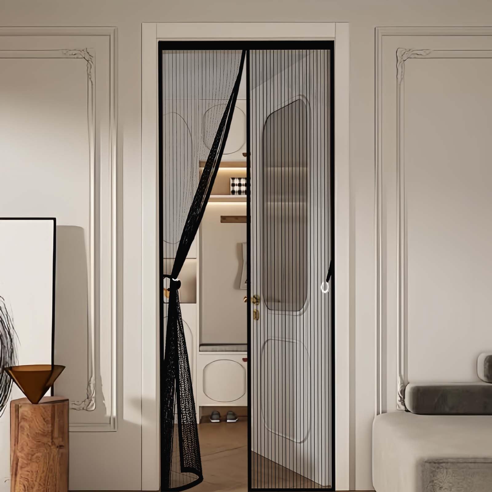 Fly Curtains 124x255cm(WidthxHigh) Powerful Magnets and Full Frame Magic Tape, No Drill Installation Heavy Duty Fly Curtains for Doors Lets Fresh Air in, Hundreds of Sizes, Black