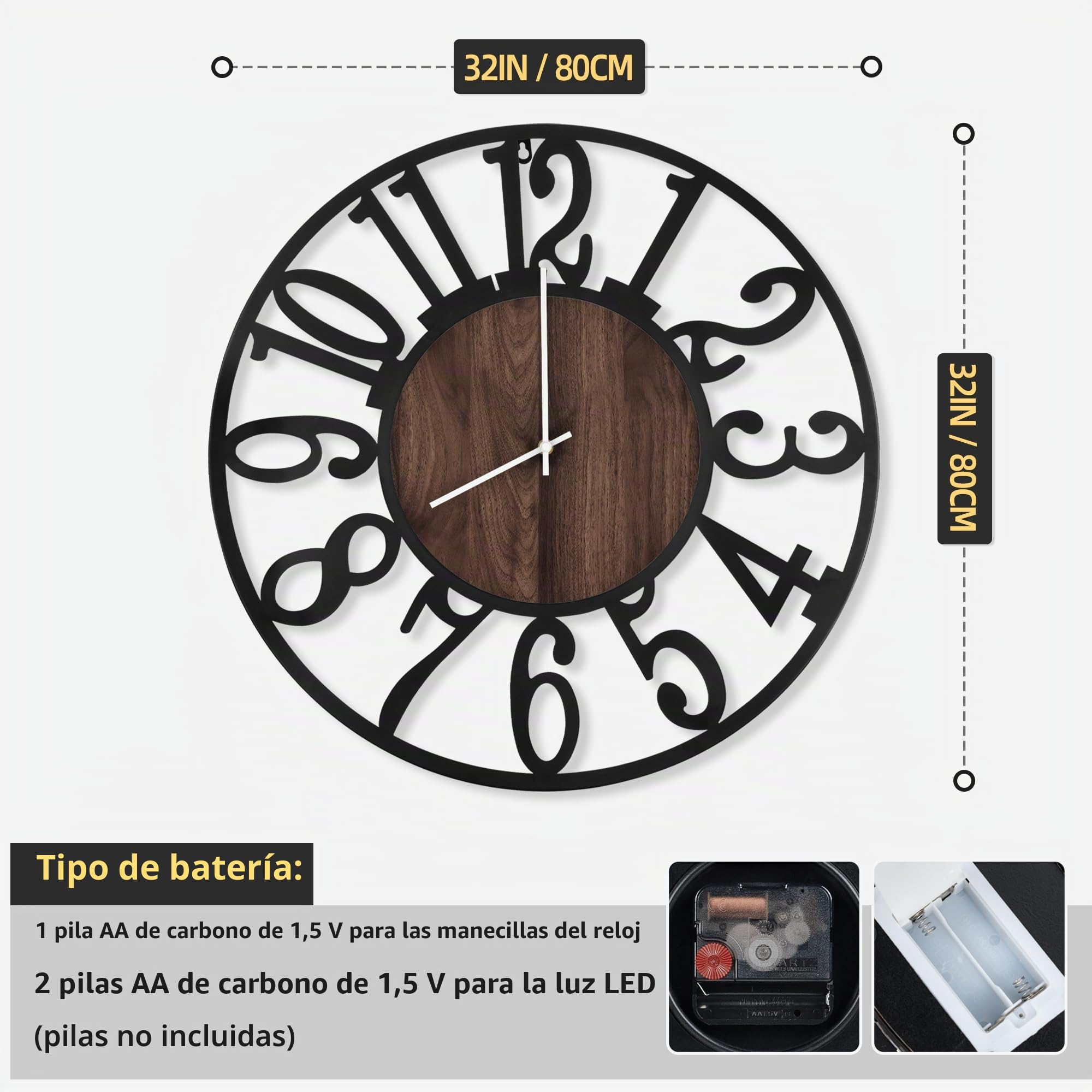 Maxstar Reloj de Pared 80CM para Salón a Pilas, Silencioso, Estilo Madera Metal, LED Moderno Dormitorio/Oficina (Números Arábigos, Negro-32)