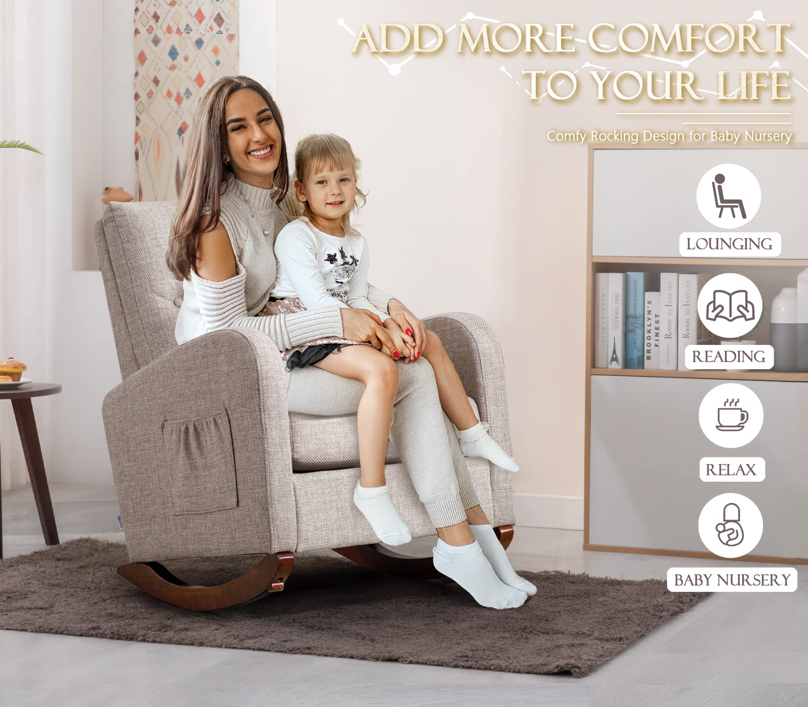 KINFFICT Comfy Rocking Chair, Upholstered Accent Glider Rocker for Baby Nursery or Relaxation, Living Room Armchair with High Back and Buttons Decor, Modern Rocking Glider with Side Pocket, Camel