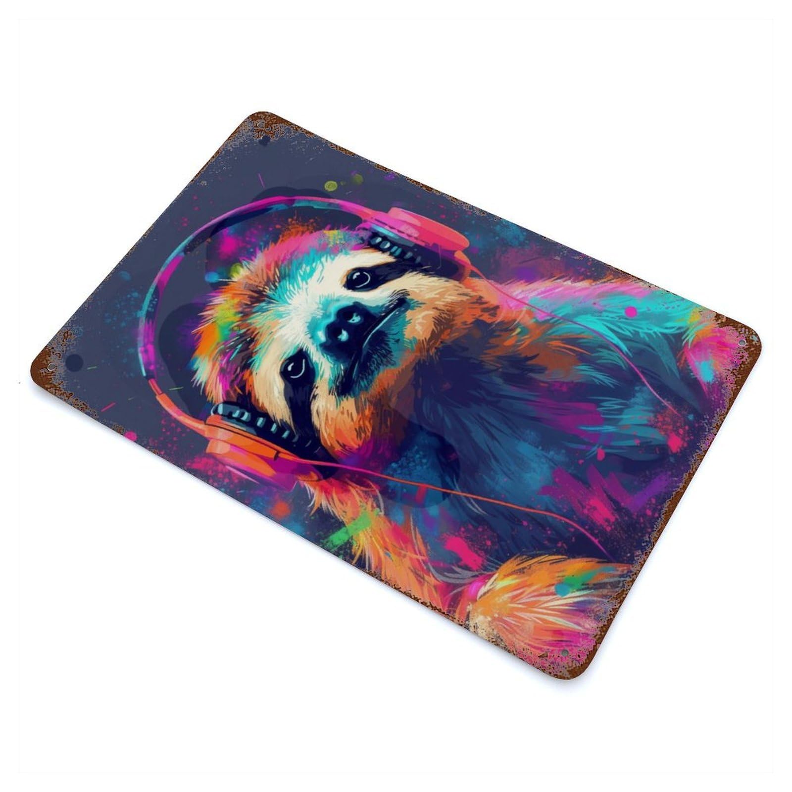 Sloth With Headphones 11.8"x7.9" Aged Metal Wall Plaque, Retro Wall Decor for Farmhouse, Kitchen And Entryway Decor