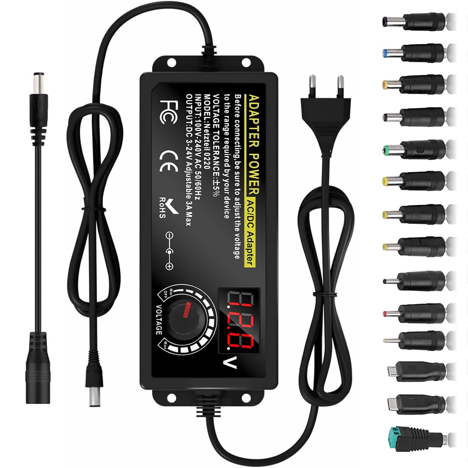 Alimentatore Universale 3-24V 72W - Caricabatterie Regolabile Con 14 Punte, Indicatore LED, 100-240V AC/DC