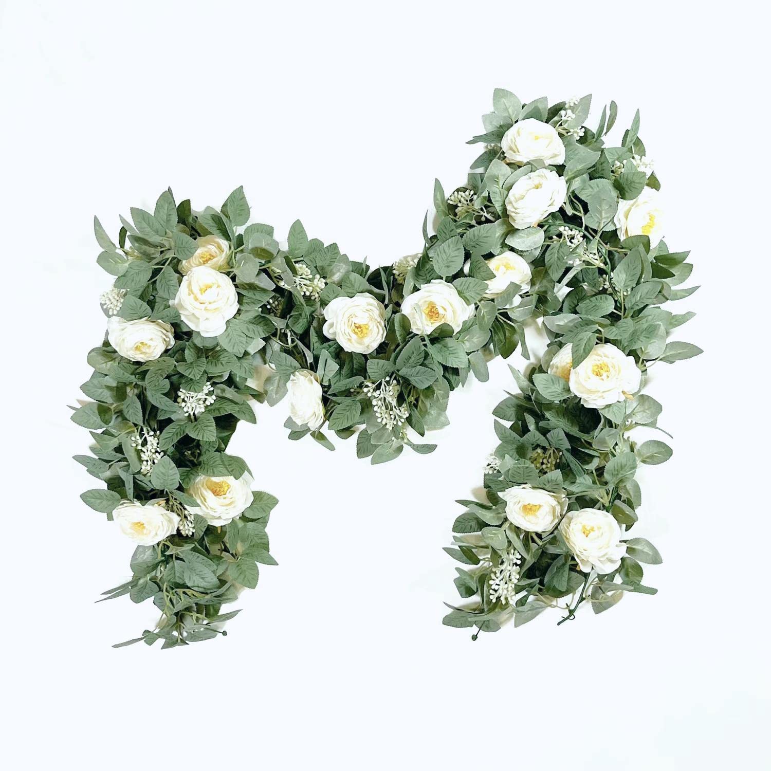 Artificial Flower Eucalyptus Garland with 8 Camellias, 6ft Silk Rose Vine Decorations Hanging Faux Leaves Floral Greenery for Wedding Backdrop Wall Decor Garden Home Office Party