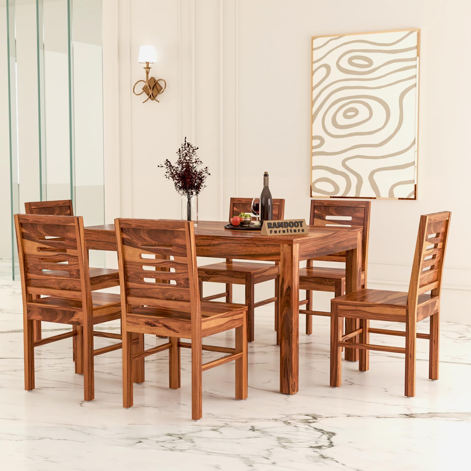 Ramdoot Furniture Solid Sheesham Wood Dining Table Set 6 Seater | Six Seater Dining Table 6 Seater with 6 Chairs for Living Room | 6 Seater Dining Set for Hotel and Restaurant | Dinning Sets | Honey