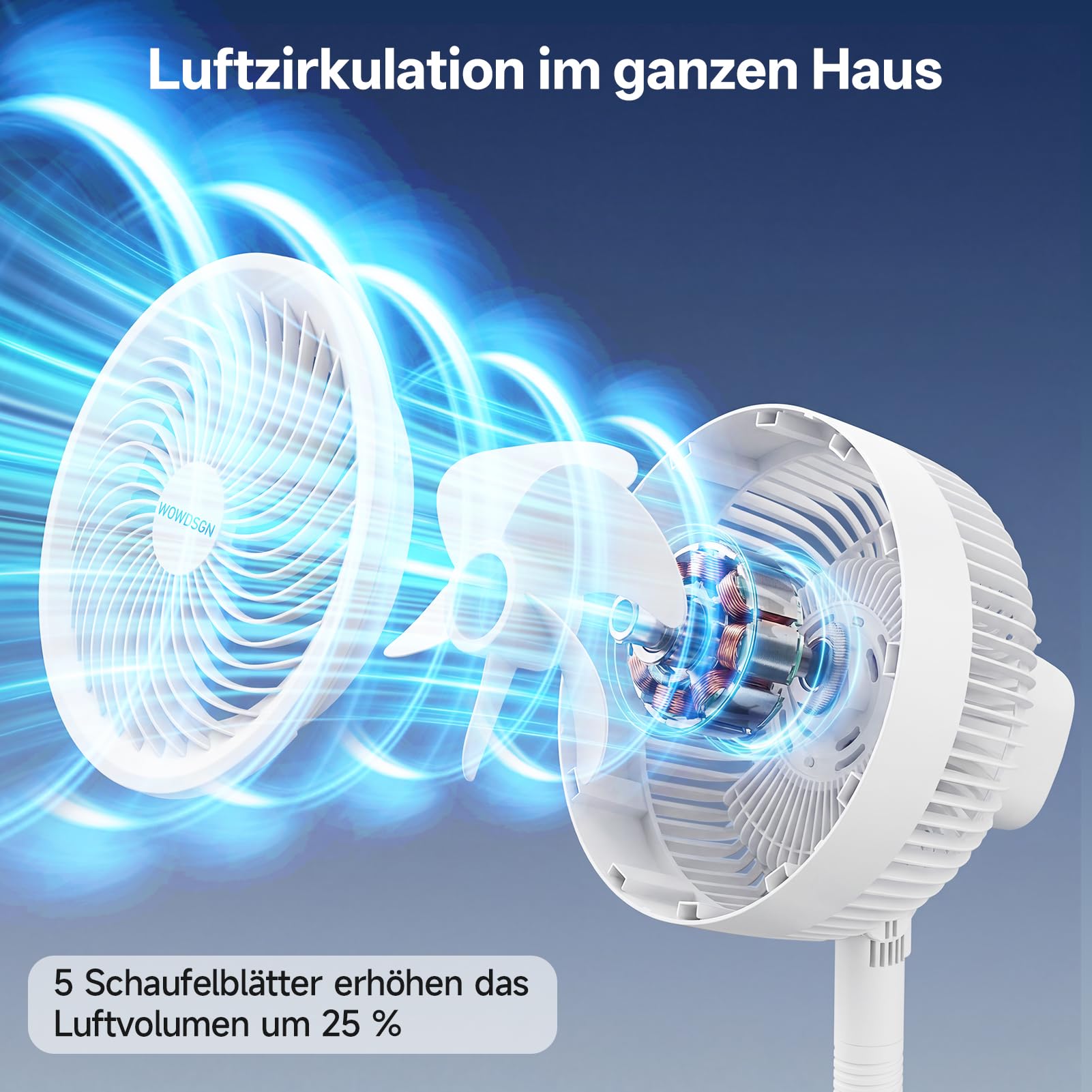 WOWDSGN Standventilator 2-in-1 Stand- & Tischventilator, 3 Geschwindigkeitsstufen, 36,8–106cm höhenverstellbar, 38W Kraftvoller 5-Blatt Lüfter Ventilator Luftzirkulation für Schlafzimmer