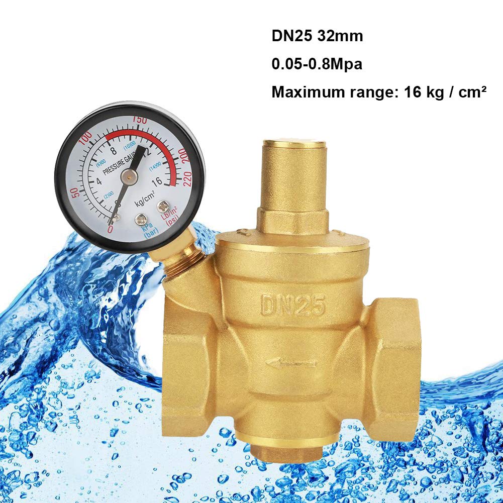 DN25 32mm Régulateur Reducteur de Pression d'eau Réglable，7.25-116 psi Vanne de réduction de pression d'eau réglable en laiton avec Manomètre Compteur de pression