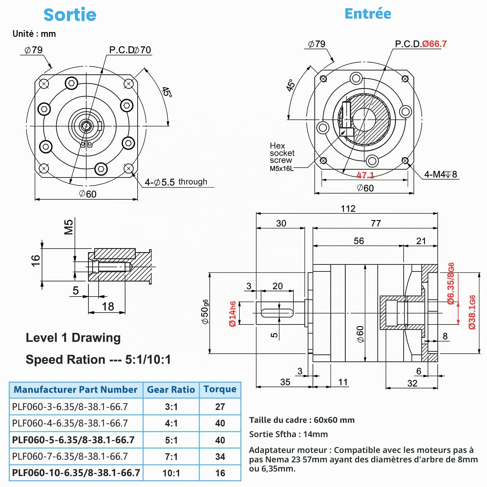 Rapport de vitesse 10:1 Réducteur de vitesse planétaire 7 arc-min 16 Nm 4000 tr/min pour arbre de 8 mm/6,35 mm Moteur pas à pas Nema23 57 mm, boîtes de vitesses pour machine à tour CNC, routeur