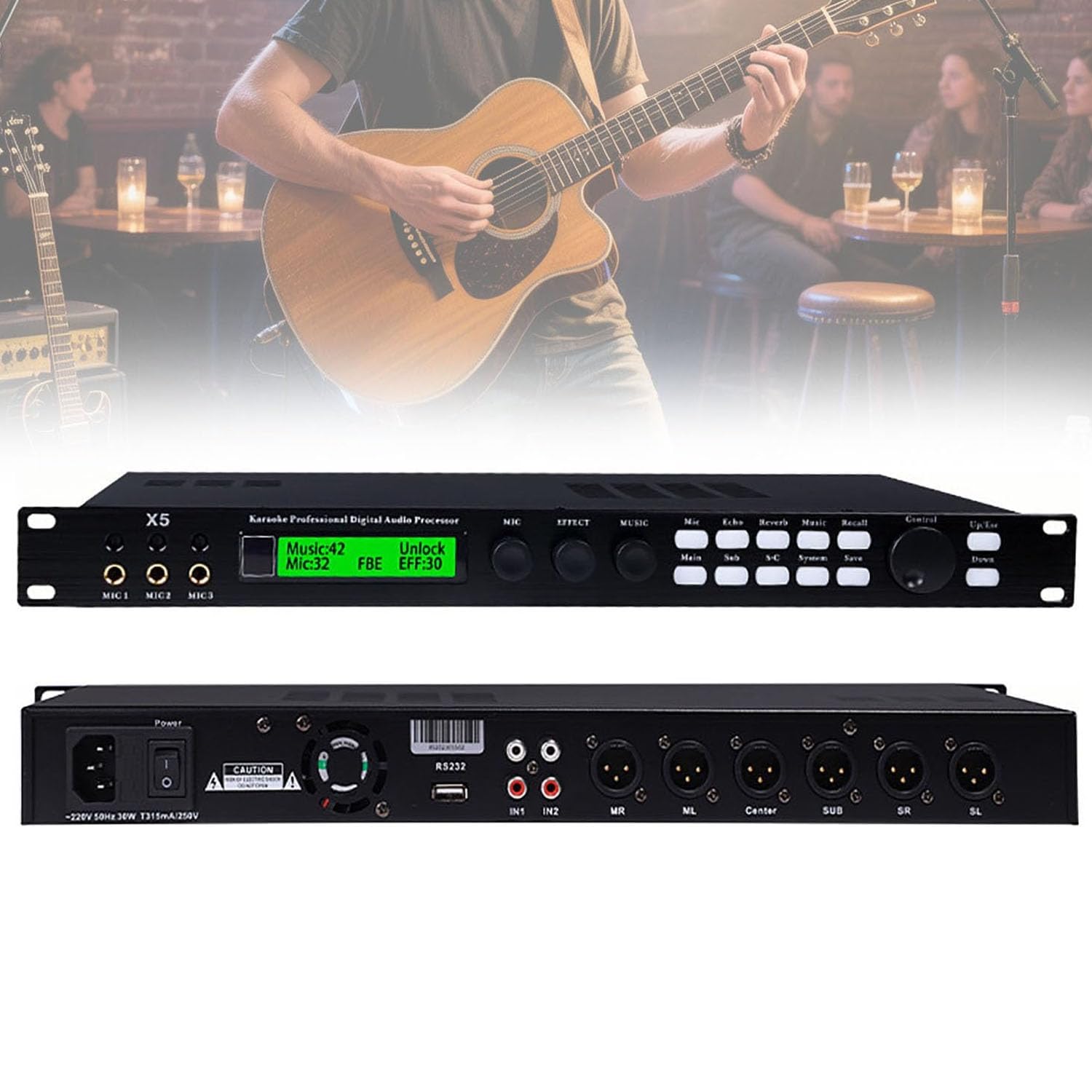QINGHEDZSW X5 Karaoke Professional Digital Audio Processor, Dsp Digital Reverberation Anti-howling, Support 5.1 Channel Output, 3 Microphone Channel, With Lcd Display, For Speaker, Home Theater