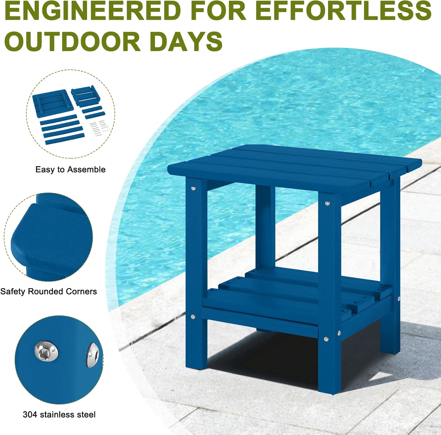 Adirondack Outdoor Side Table, 2-Tier Small Patio End Table, Weather Resistant HDPE Outdoor End Tables for Garden, Lawn, Pool, Beach, Porch, Deck, Backyard - Square, Dark Blue