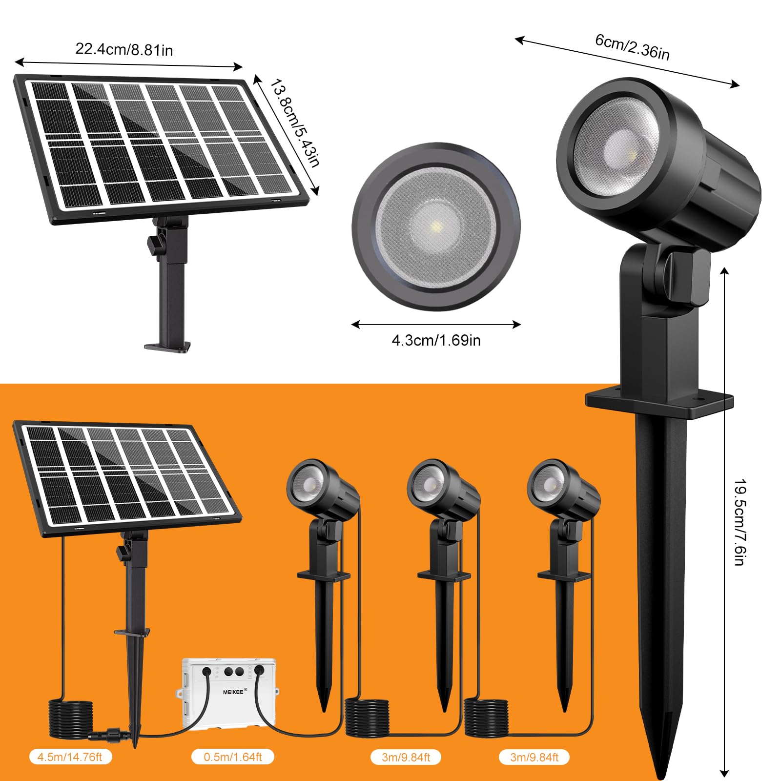 MEIKEE solarna lampa ogrodowa, 2700K, ciepła biel, 3 jasność, 2 tryby dynamiczne, solarne reflektory ogrodowe, 5000 mAh, wodoszczelność IP66, solarne lampy do ogrodów, patio, trawników, tarasów