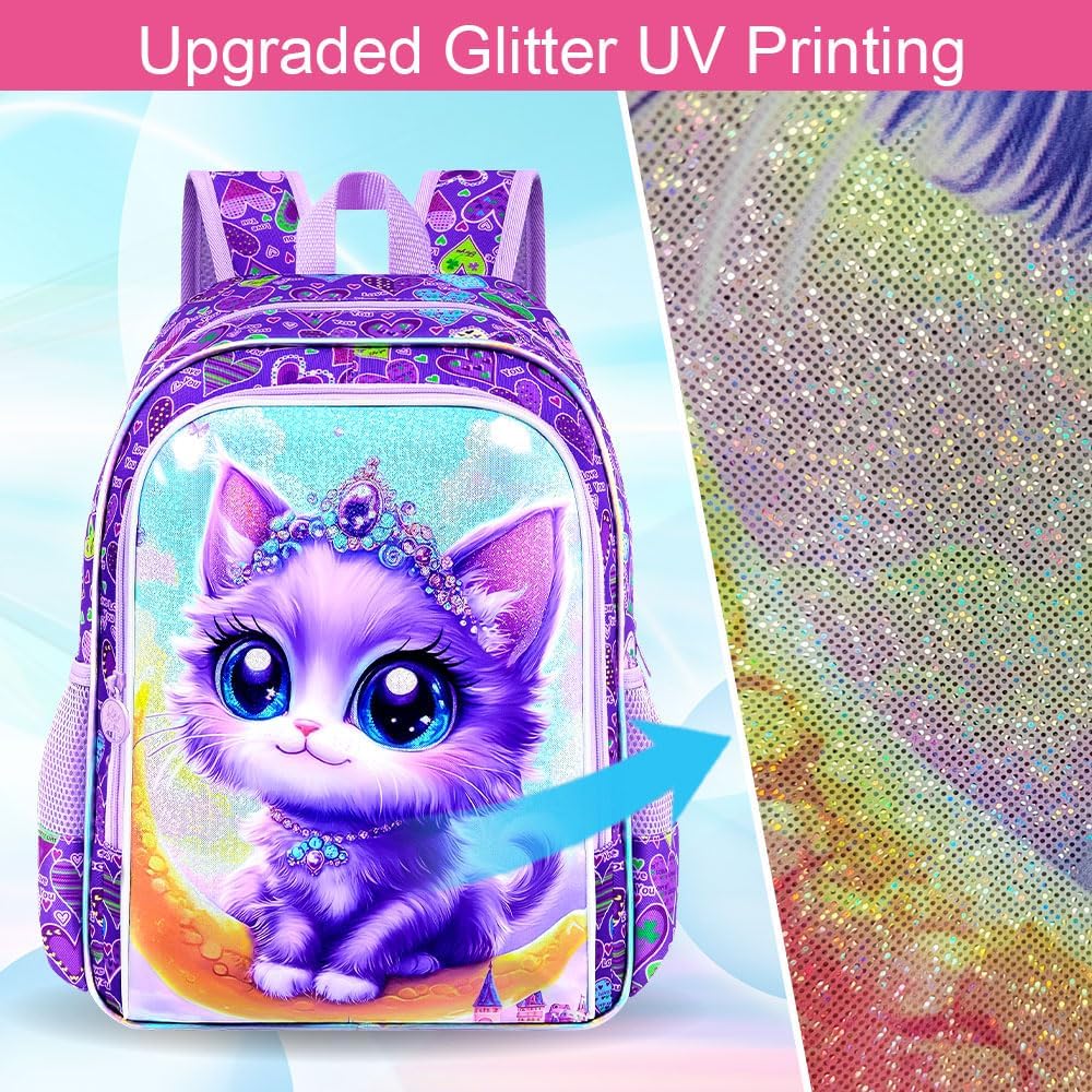 KLFVB 3PCS Girls Cat Bookbag, Water Resistant Kids Backpack with Lunch Box, 16" Preschool Backpacks for Elementary - Moon Purple Cat