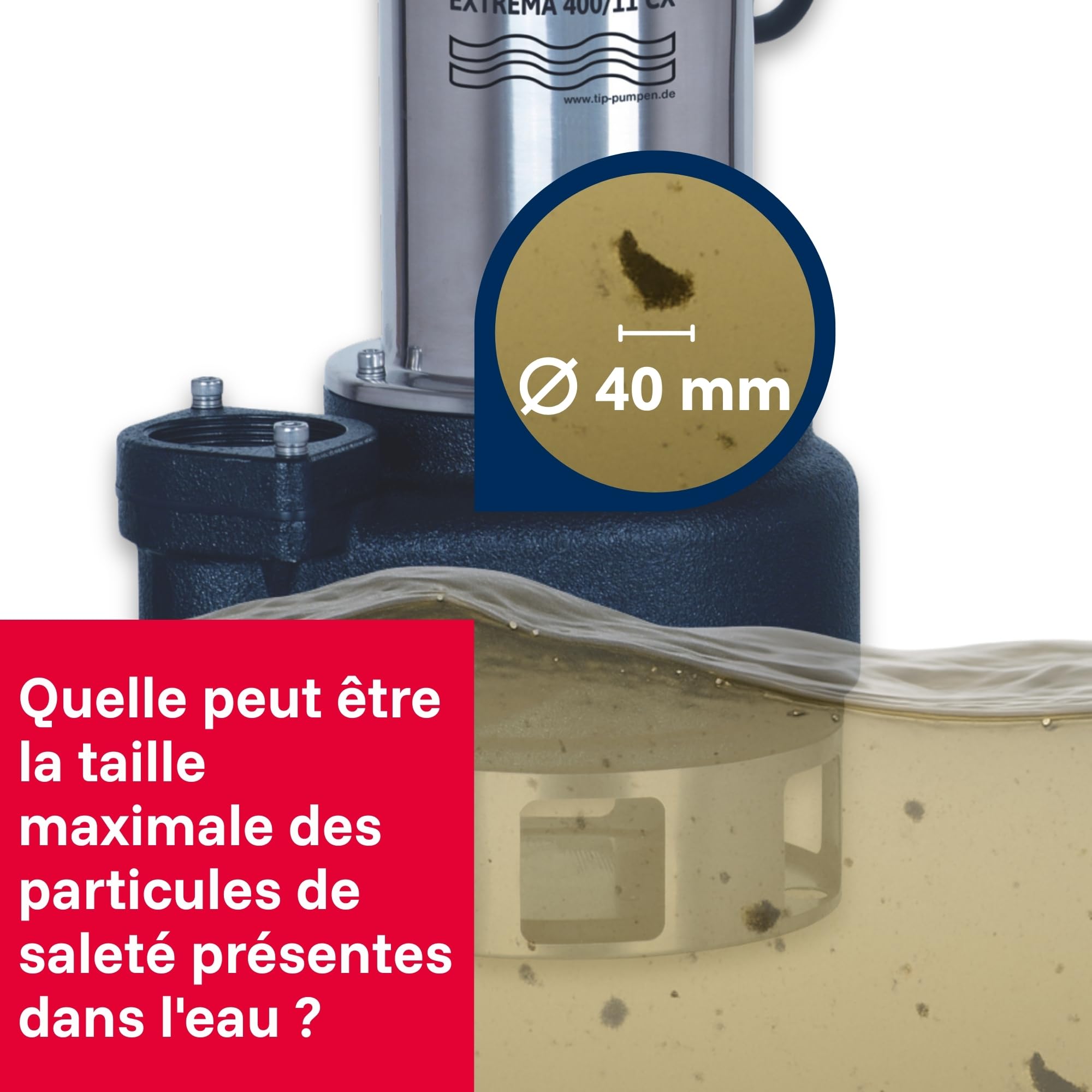 T.I.P. Extrema 400/11 Pro Pompe Submersible pour Eaux Usées Débit 24000 l/h Hauteur de Refoulement 11 m Puissance 1500 W en Inox et Roue en Fonte Pour Fonctionnement Continu Couleur Noir Argent
