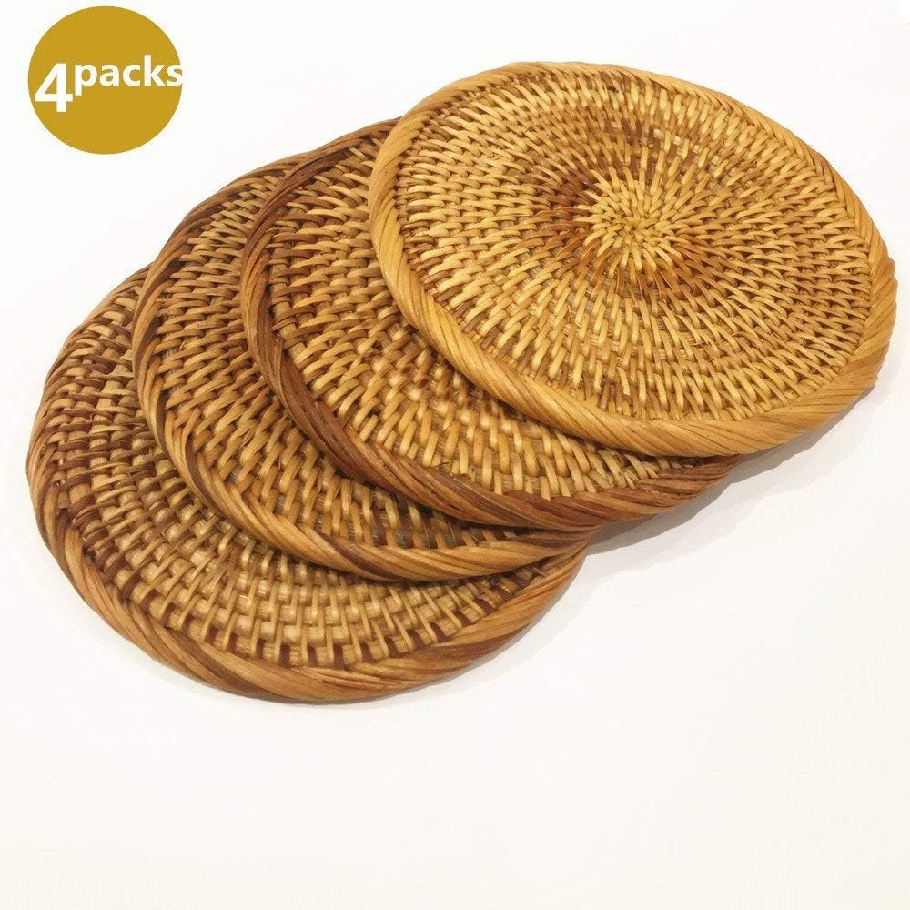 Set of 4 Handmade Round Rattan Coaster, Wicker Trivets, Drink Coasters Sets, Rustic Cupmat for Kitchen, Table, Coffee, Brown - Image 7