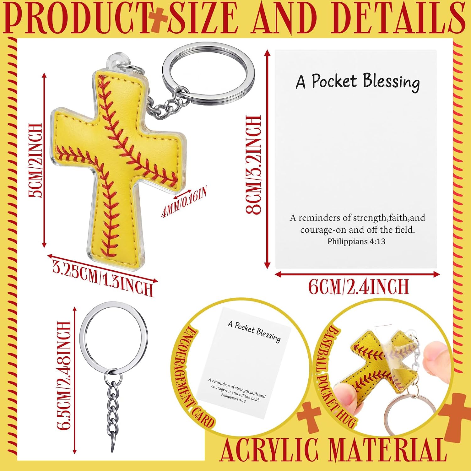 Hollowfly 24 Set Baseball Softball Football A Pocket Blessing with Cards and Bags Cross Pockets Blessing Keychain Gifts