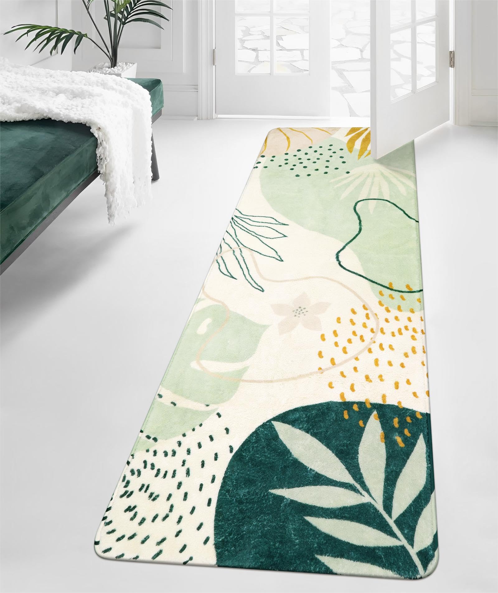 Lahome Green Runner Rugs for Hallway 2x10, Extra Long Washable Non-Slip Kitchen Runner Rug Lightweight Stair Carpet Runner, Boho Botanical Print Soft Rug Runner for Entrance Bath Laundry Living Room
