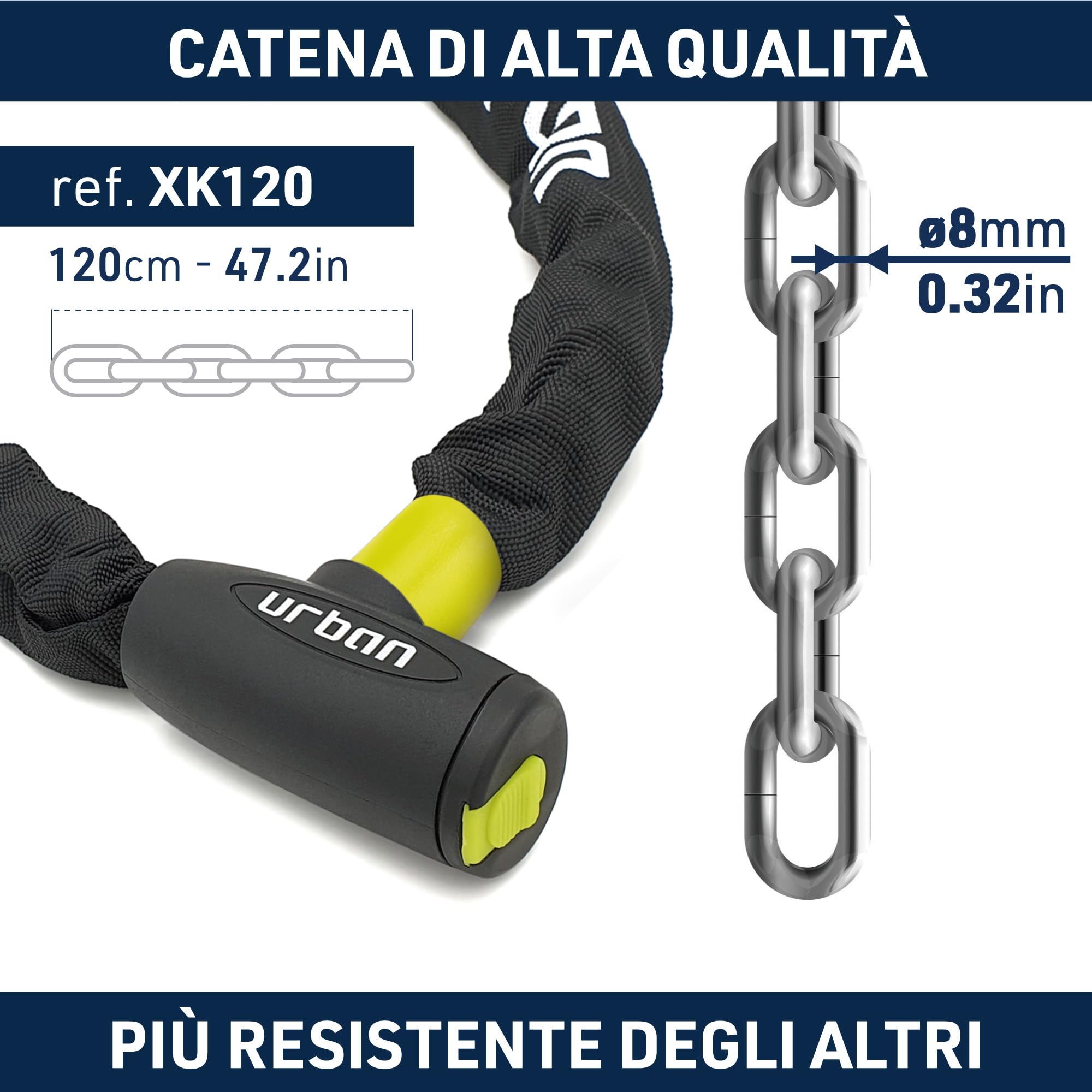 URBAN XK120 Lucchetto Bici Catena Alta Sicurezza Acciaio Cementato Antitaglio ø8mm Antifurto 120cm