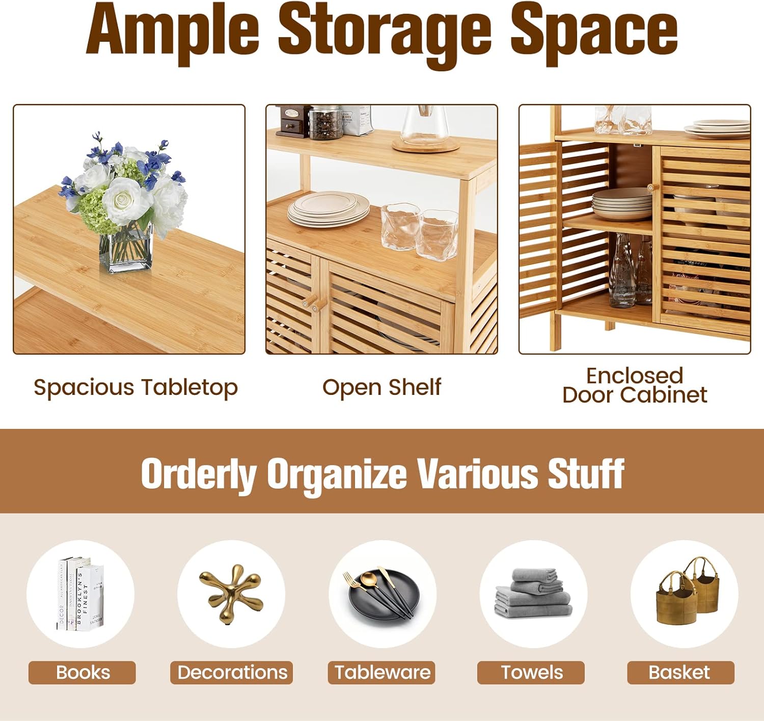 LDAILY LUARANE Storage Cabinet, Bamboo Cabinet w/ 2 Louvered Doors & Open Shelf, Bathroom Storage Cabinet for Living Room, Home Office, Kitchen, Natural