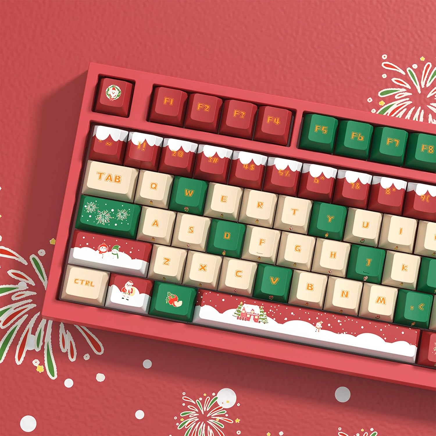 Christmas Theme PBT Keycaps Sublimation Festive Keycap Set for 142PCS Mechanical Keyboard Switches with 7u 2.25u 2.75u Profile Keycap Set