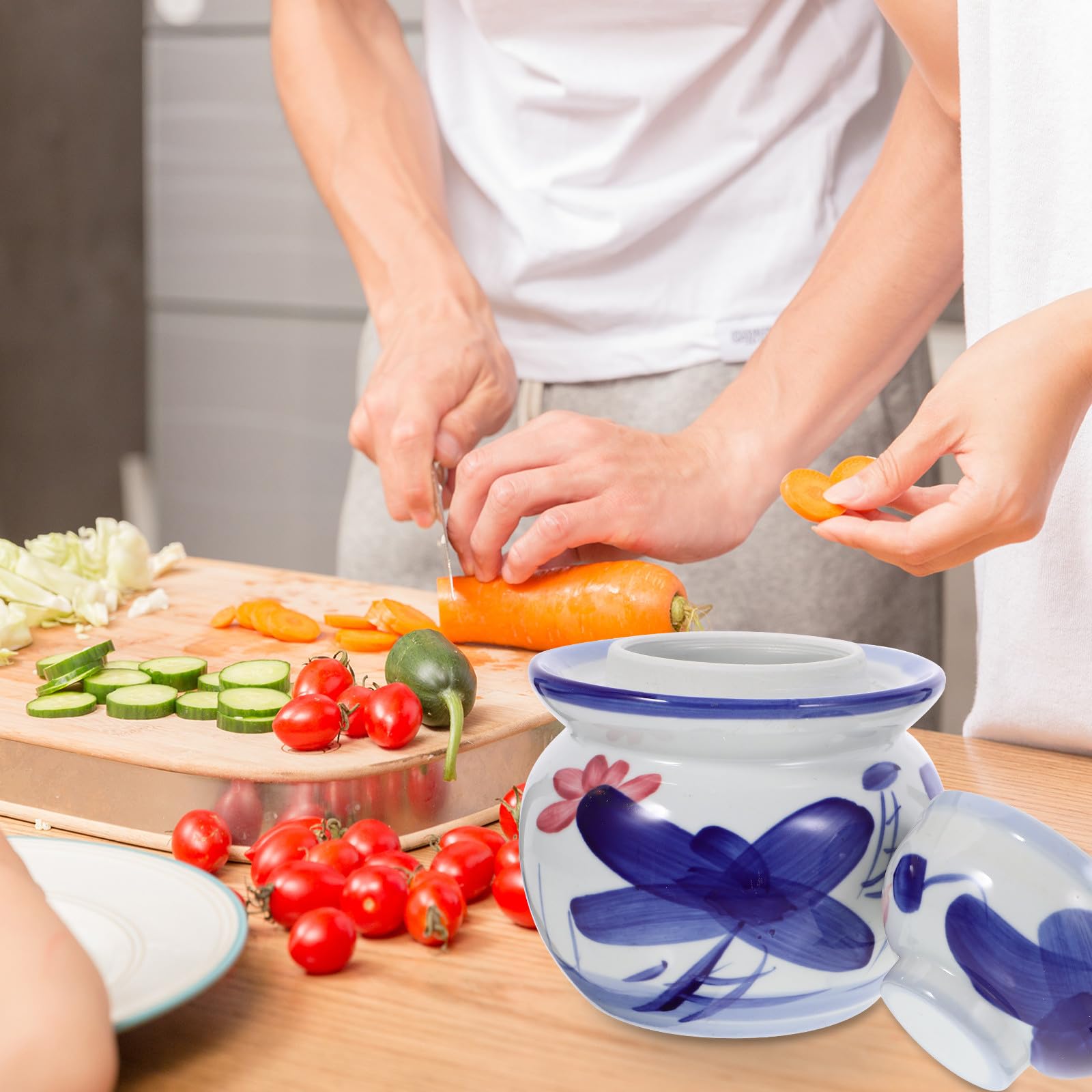 Veemoon Tarro de Cerámica para Pepinillos de 2.5 Jin con Doble Tapa Hermética, Recipiente para Encurtidos y Kimchi, Almacenamiento de Alimentos para Cocina y Conservación sin Aire,