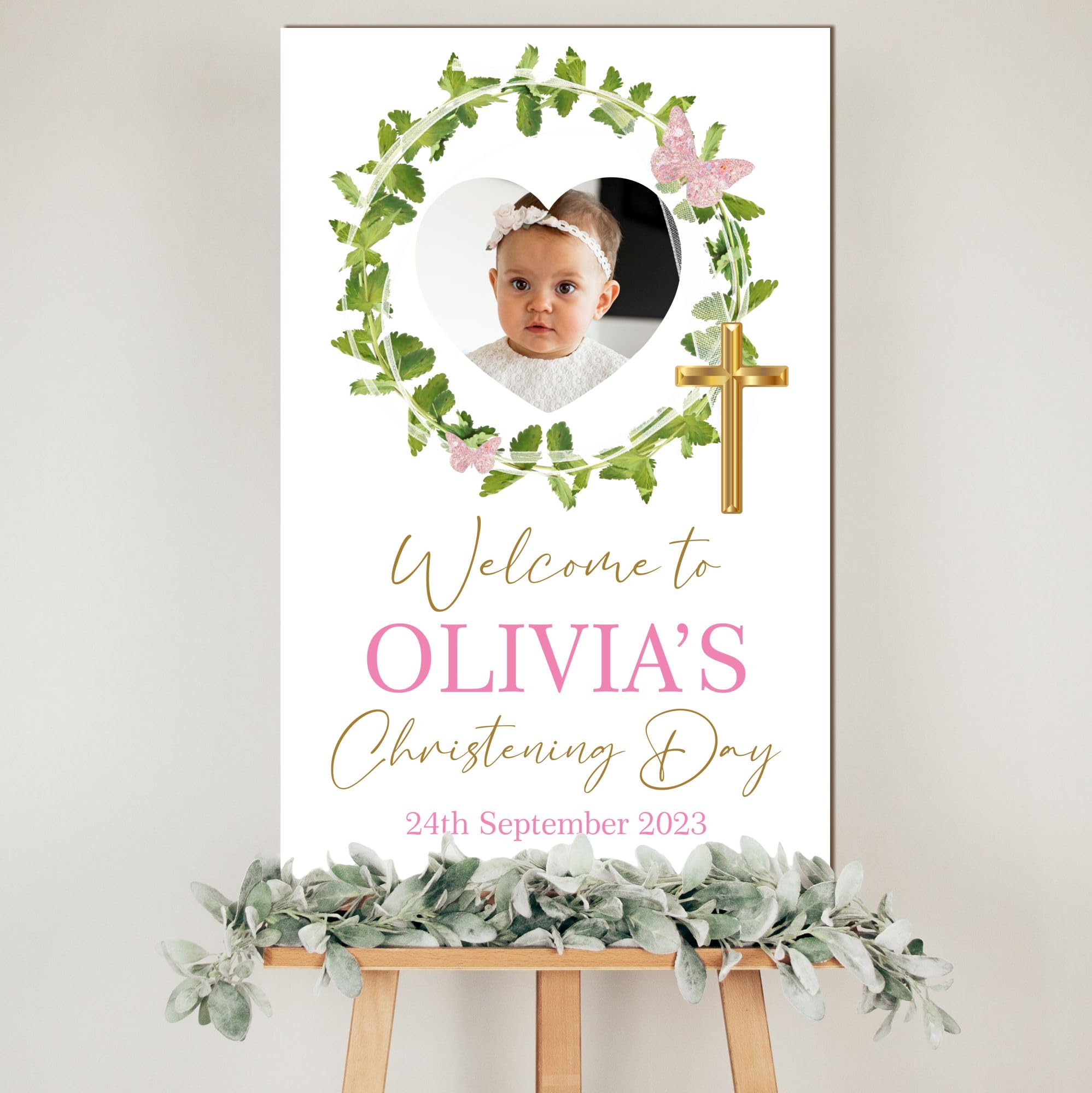 Personalised Photo Christening, Communion, Confirmation Welcome Board – Custom Child’s Picture, Name & Date, Floral and Wreath Photo Prop Board (Green Wreath Butterfly, Christening Day)