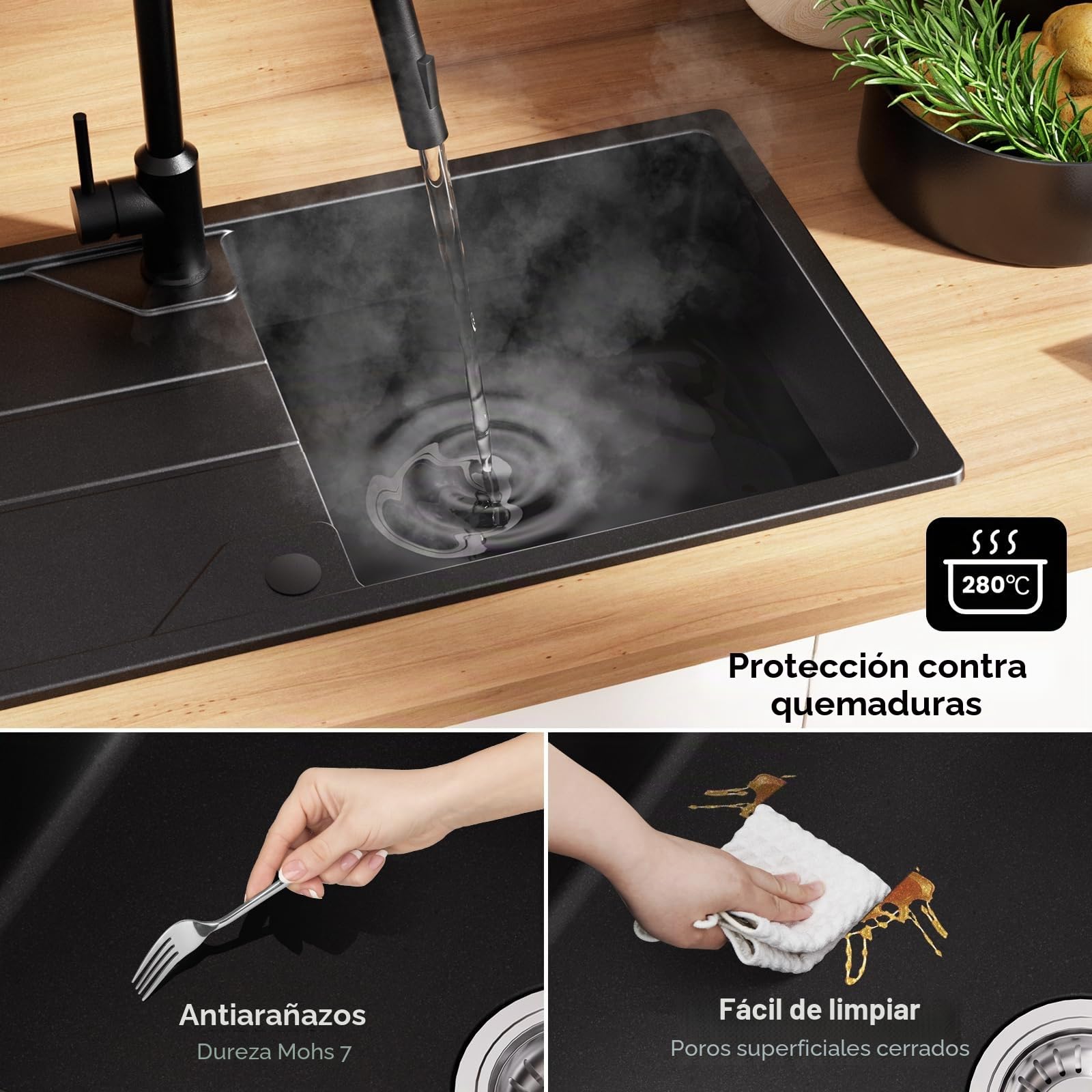 CECIPA Fregadero de cocina de granito negro 78 x 45 cm, con cesta colador, con instalación reversible, fregadero de cocina empotrable con sifón y juego de desagüe y rebosadero