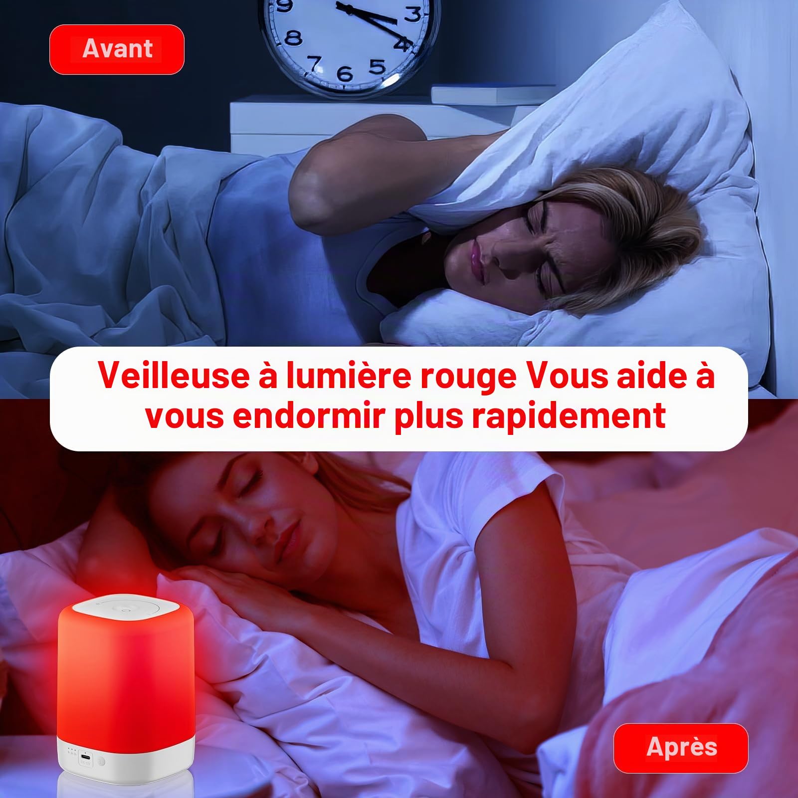 Lampe de thérapie lumineuse rouge pour le sommeil, lumières de nuit rouges avec une longueur d'onde de 670 nm, lampe de nuit rouge pour favoriser une relaxation profonde et améliorer le sommeil pour