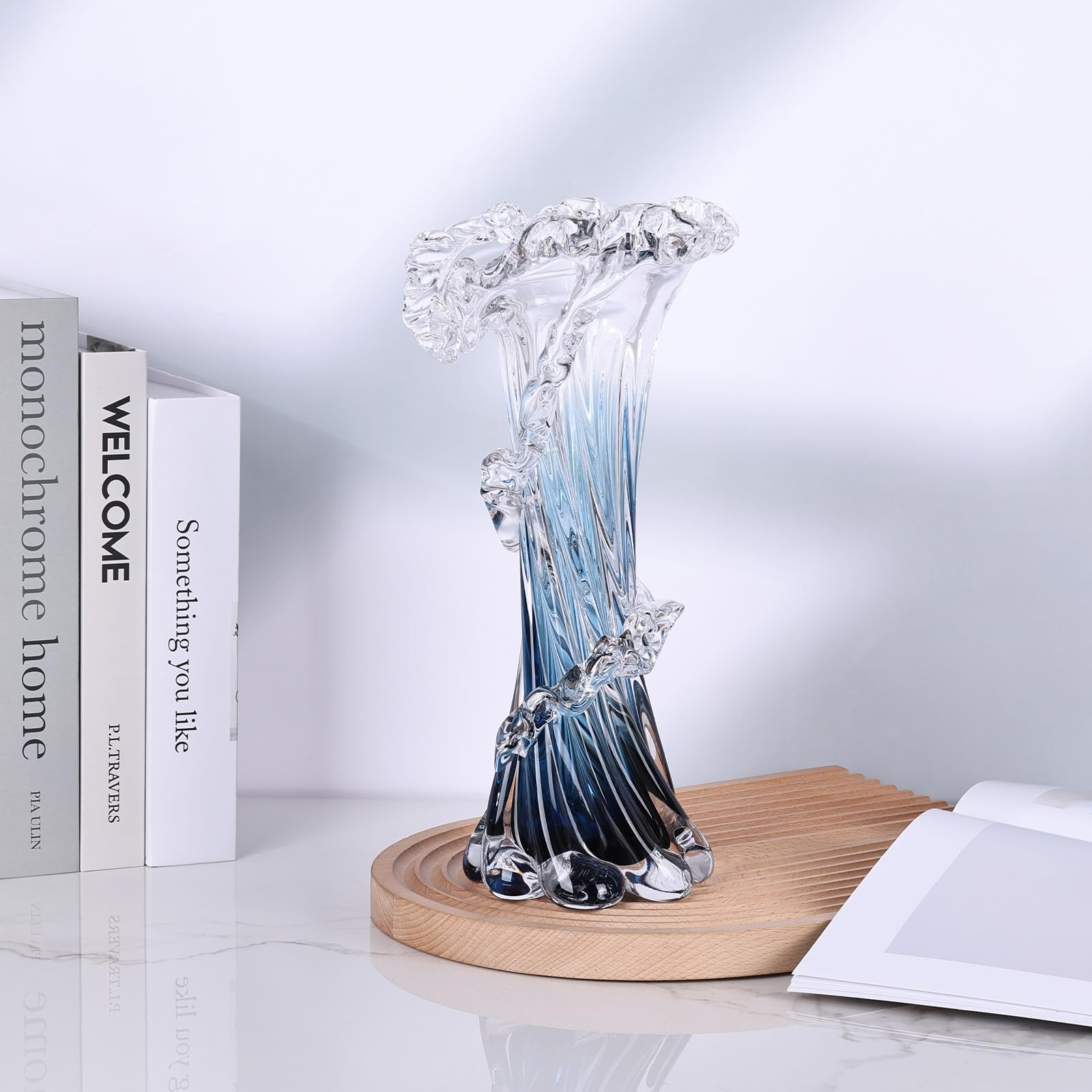 Jarrón de Vidrio Azul soplado a Mano, Hermoso jarrón de Cristal oceánico para Centro de Mesa del hogar, Mesa de café, Sala de Estar, decoración de Oficina, 11.8 Pulgadas de Alto (Grande)