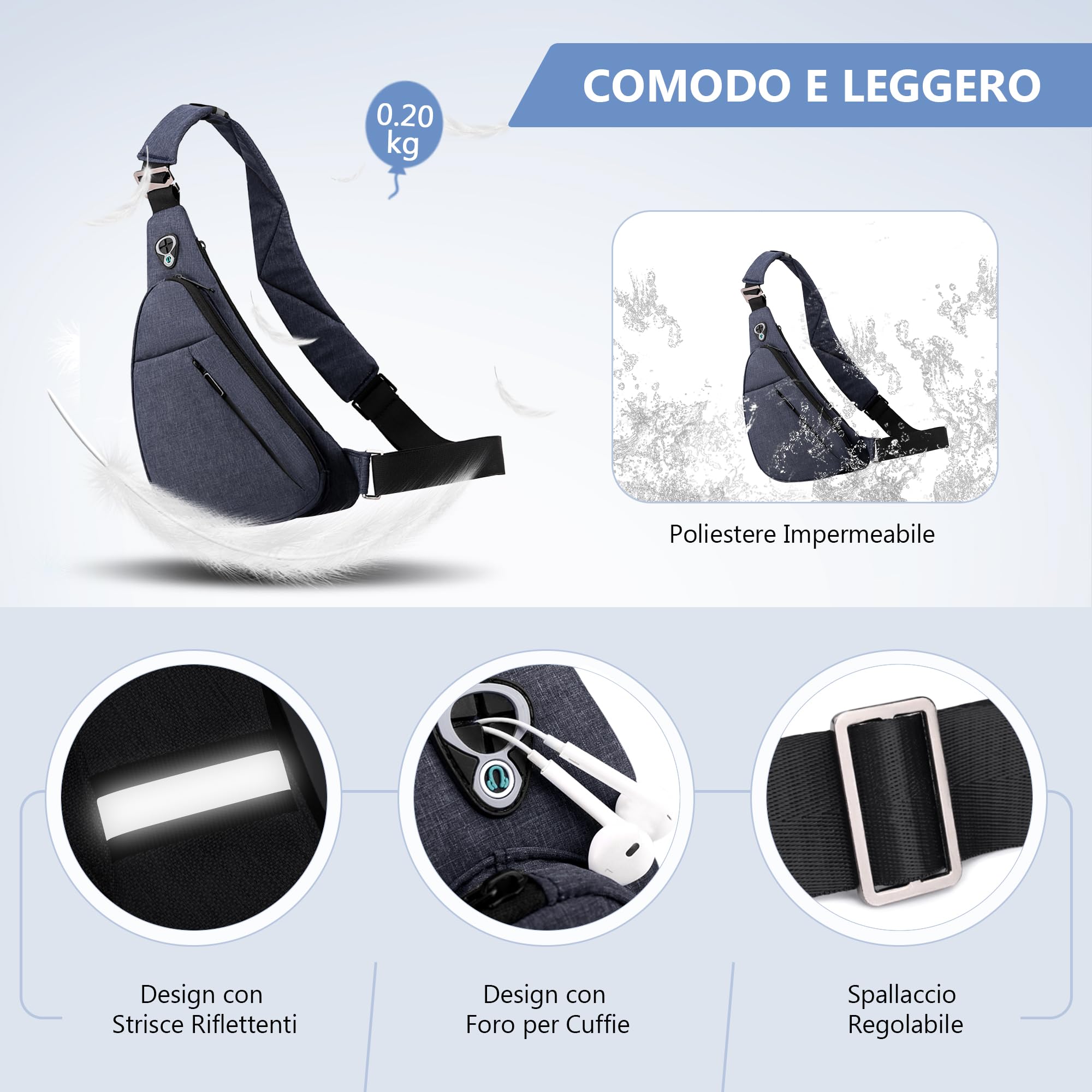 VARLIVOO Zaino Monospalla da Uomo Sling Bag Borse a Spalla Borsa a Tracolla Viaggio Escursionismo Ciclismo Impermeabile Poliestere Blu B