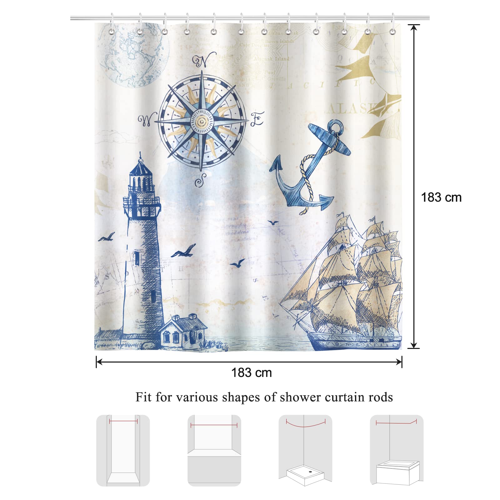 Bonhause Duschvorhang Maritim Nautische Anker Leuchtturm Segelboot Duschvorhänge 180 x 180 cm Anti-Schimmel Wasserdicht Polyester Stoff Waschbar Bad Vorhäng für Badzimmer mit 12 Haken