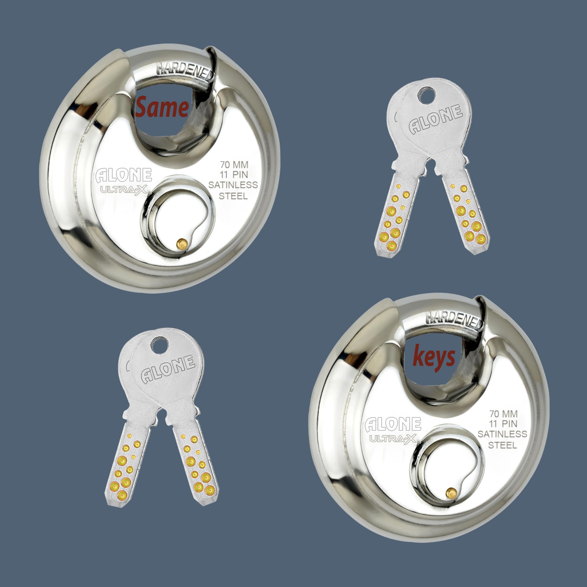 Alone Combo Locks | UltraX Steel Disc Shutter Lock | 70mm 4 Same Keys with 2 Padlocks | Lock and Keys for Home Door Main Gate | Shop Shutter Truck | Stainless Steel Body | Made in India (Pack of 2) (B0D5BC2XSR) Amazon Price History, Amazon Price Tracker