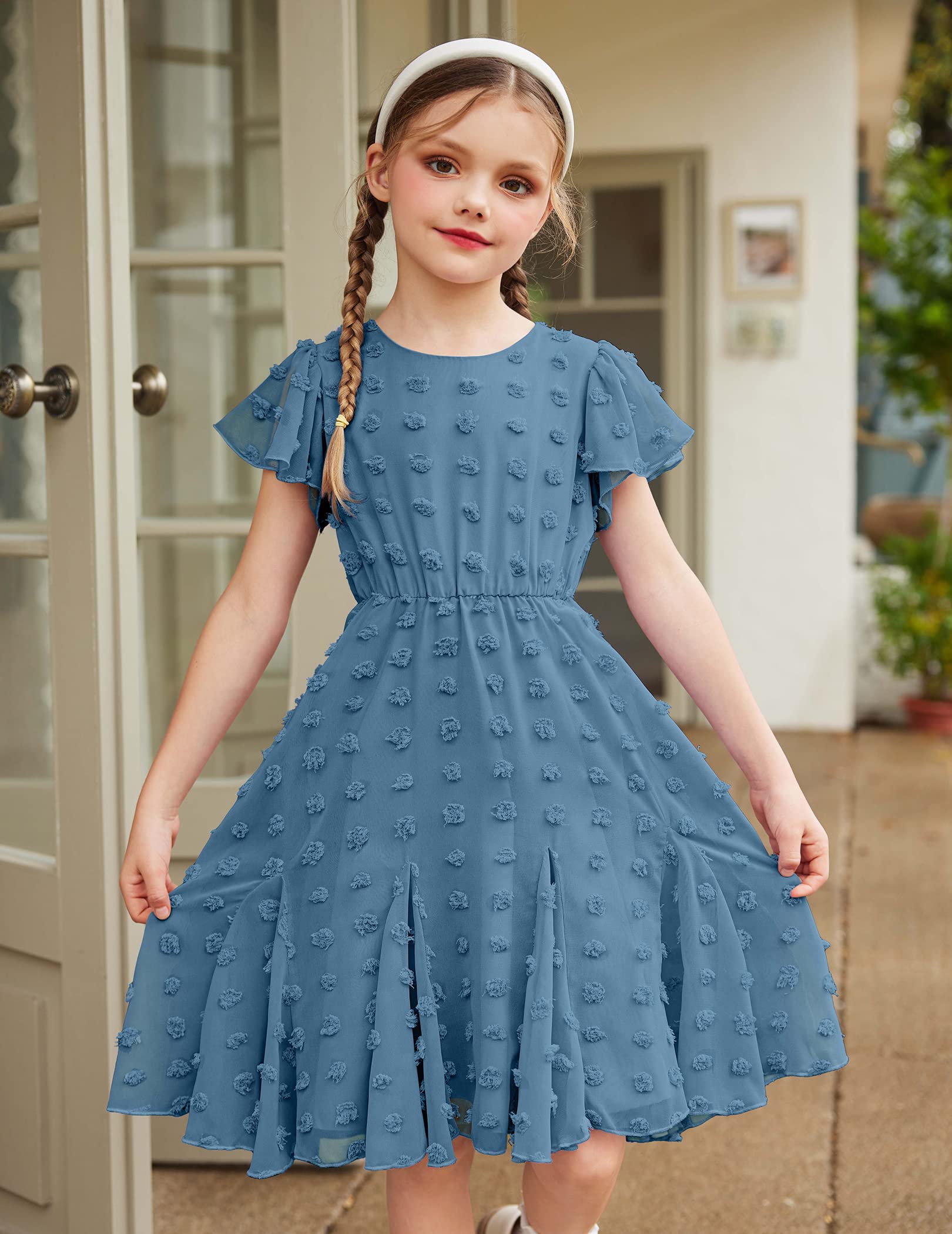 Flypigs Abiti da Bambina a Maniche Corte Abito da Principessa per Ragazza A-Line Elegante Abito da Sposa per Feste Tinta Unita Completi Scolastici Abbigliamento per Bambine 3-12 Anni