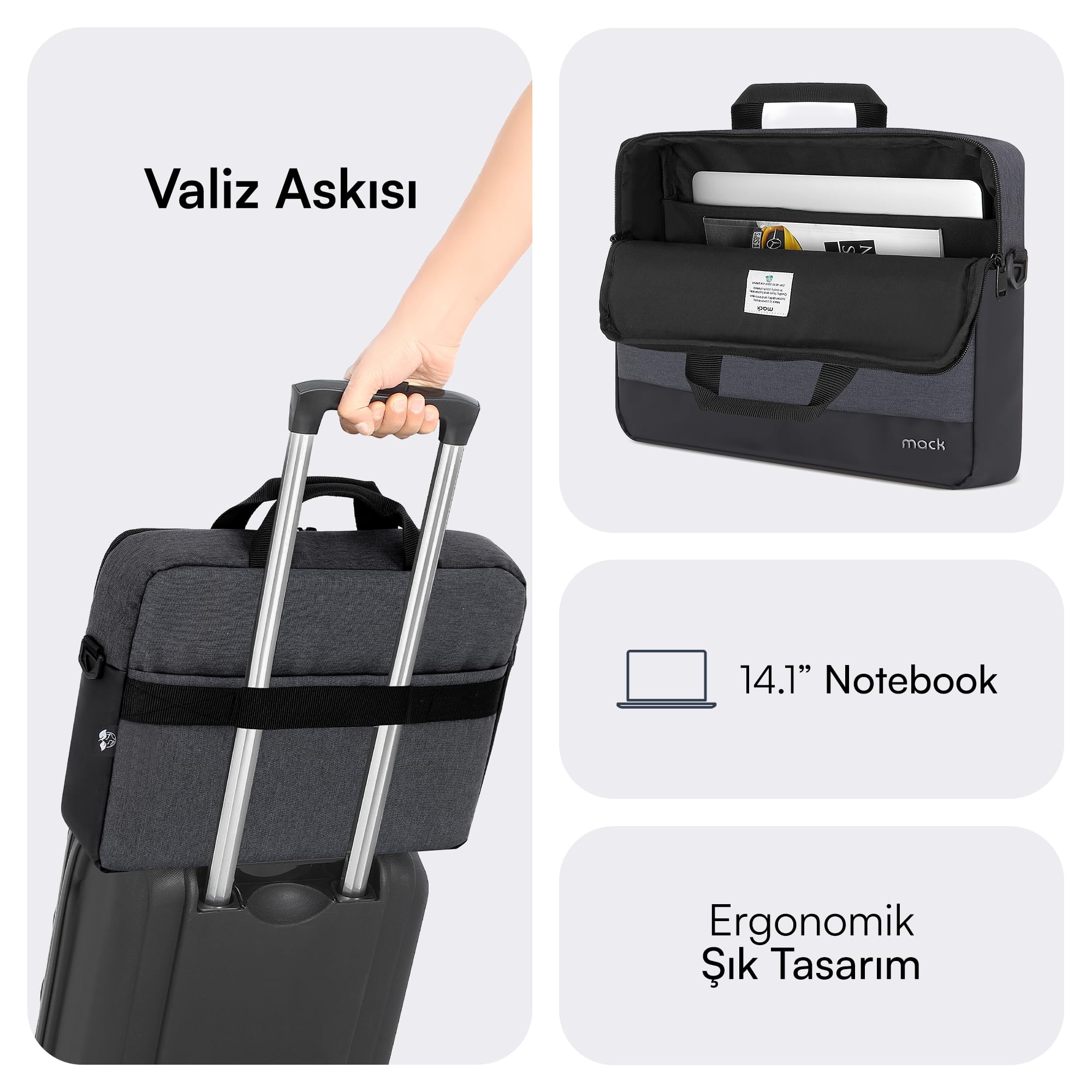 Mack Unicity Eco MCE-1111 Çevre Dostu Laptop Çantası, YKK Fermuarlı Macbook Çantası, MacBook Air/Pro ile Uyumlu Bilgisayar Çantası, Erkek Kadın 14.1 inç Notebook El Çantası, Siyah