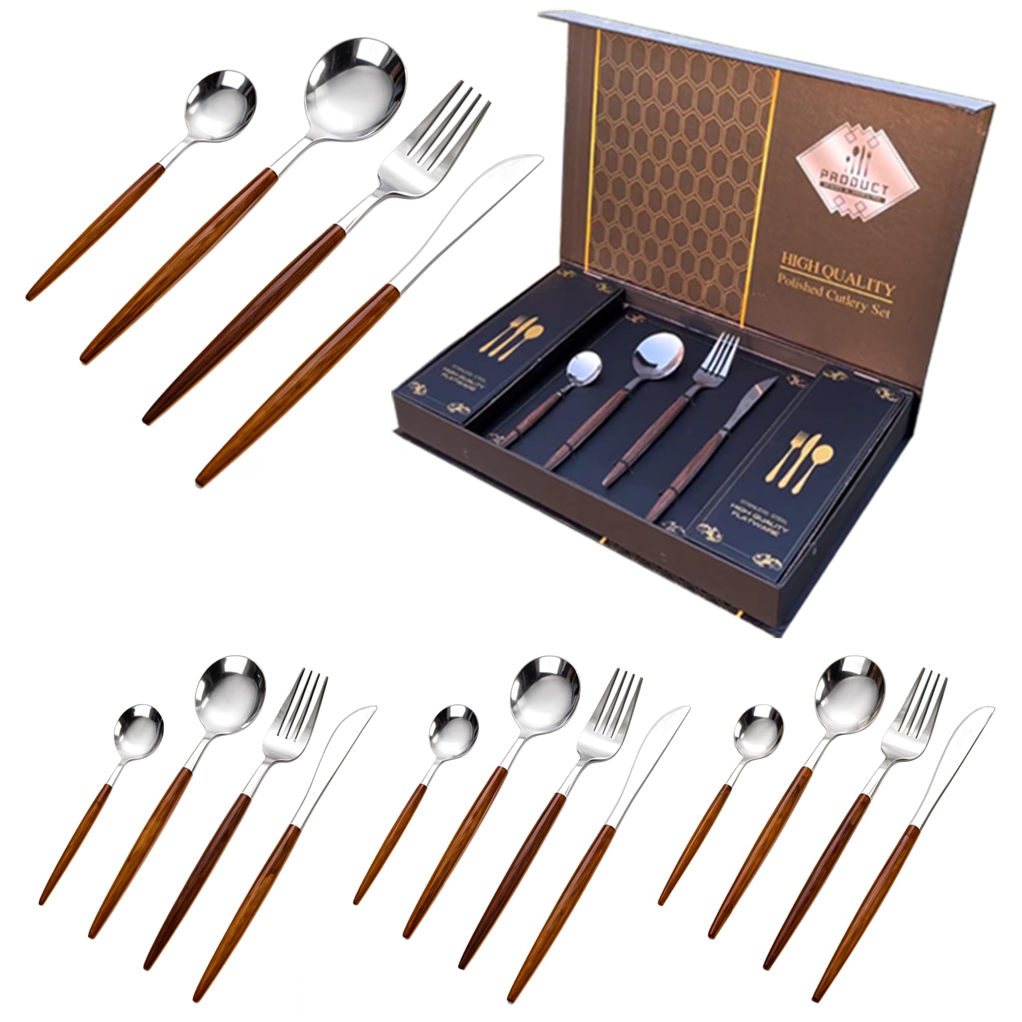 AAMSRAK 12 Pcs Cutlery Set, Stainless Steel, Flatware Set Luxury Modern Box Dinnerware, Includes Knife, Fork, Spoon, Set for 3, Premium Cutlery Sets (Steel + Brown)
