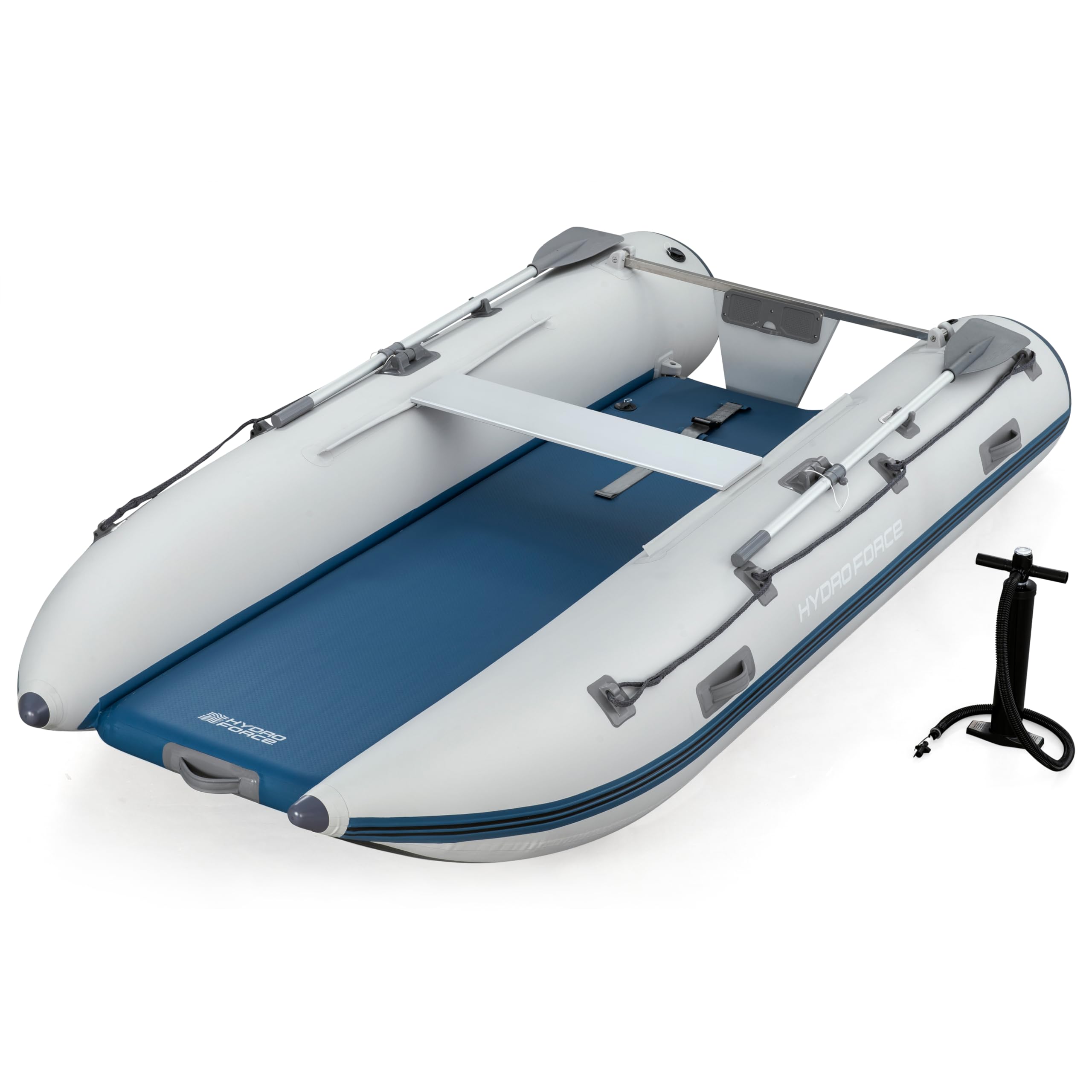 Bestway Hydro Force Sportboot Komplett-Set Beacon Elite, 335 x 160 x 47 cm, 5 Personen, bis 640 kg, TriTech-Material, Aluminium-Sitzbank, 15-PS-Motorhalterung, GS-Zertifiziert, Ruder, Pumpe, Tasche