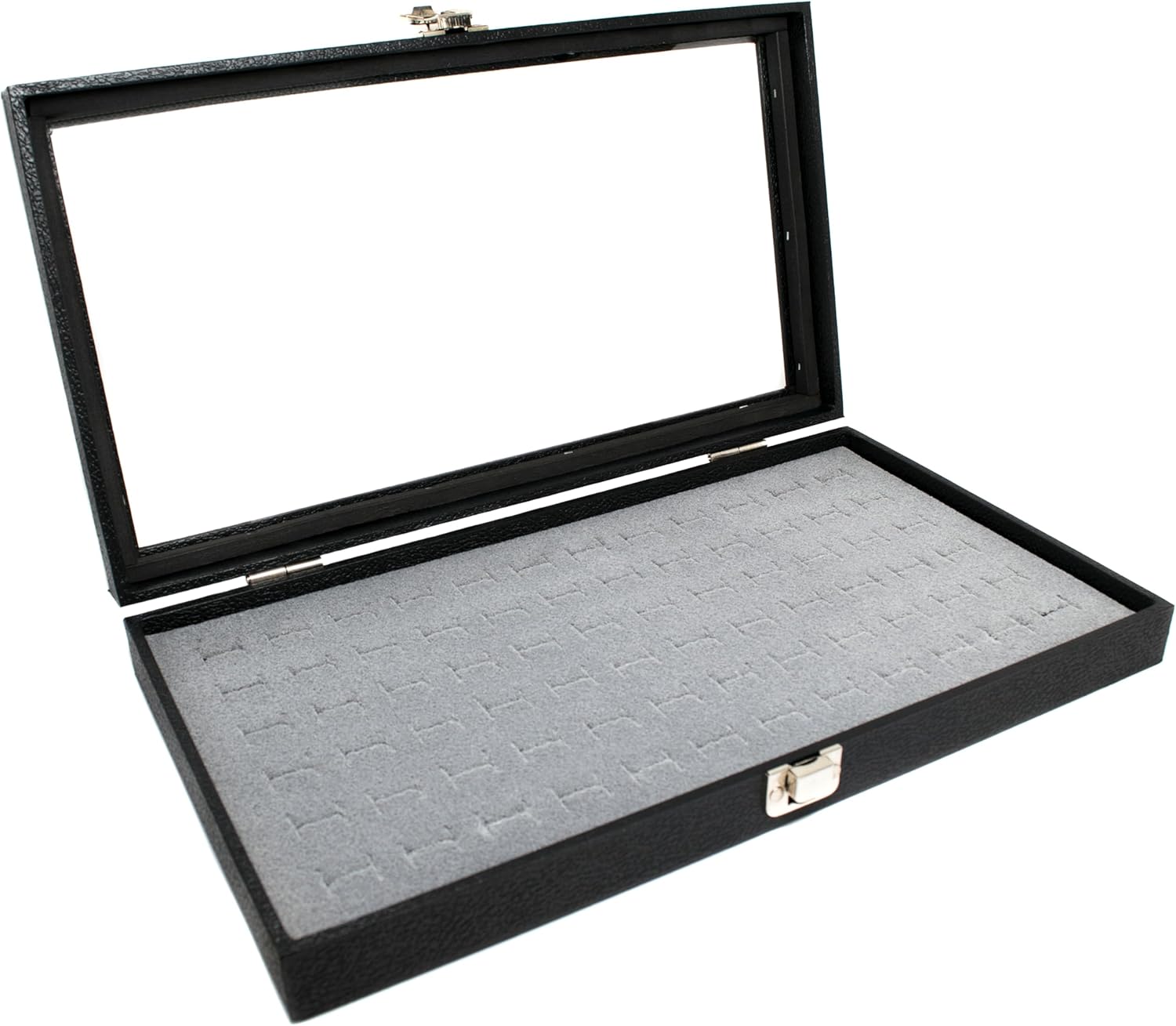 Novel Box Ring Display Glass Case Black 14.75x8.25x2.1 Inches with 72-Slot Grey Ring Foam Insert - Travel Ring Case with Metal Clasp - Jewelry Box to Keep Rings Dust Free & Secure