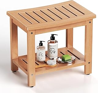 Psilvam Poly Lumber Shower Bench, Shower Stool with Storage Shelf, Water Resistant & Non-Slip Design Shower Seat for Bathroom, Living Room, Bedroom 21 1/4"×14"×18 1/2"（Teak Color）