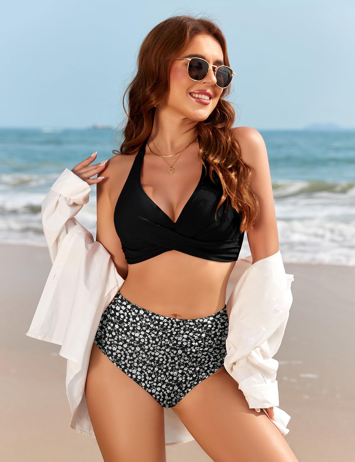 UMIPUBO Costume Donna Due Pezzi Bikini Vita Alta Pancia Pieghe Collo A V Collo Halter Sexy Schiena Nuda Contenitivo Curvy Modellante Push Up Con Coppe Stampa Minifloreale Mare Costume Da Bagno