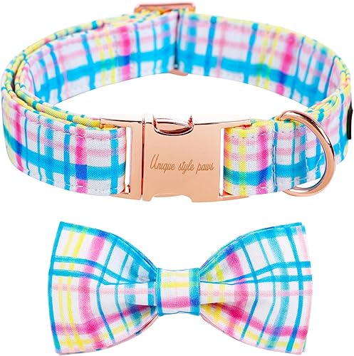 Unique style paws Collar para perro del día de Pascua con pajarita, collar de cachorro de rejilla azul rosa para niños pequeños, medianos y grandes,