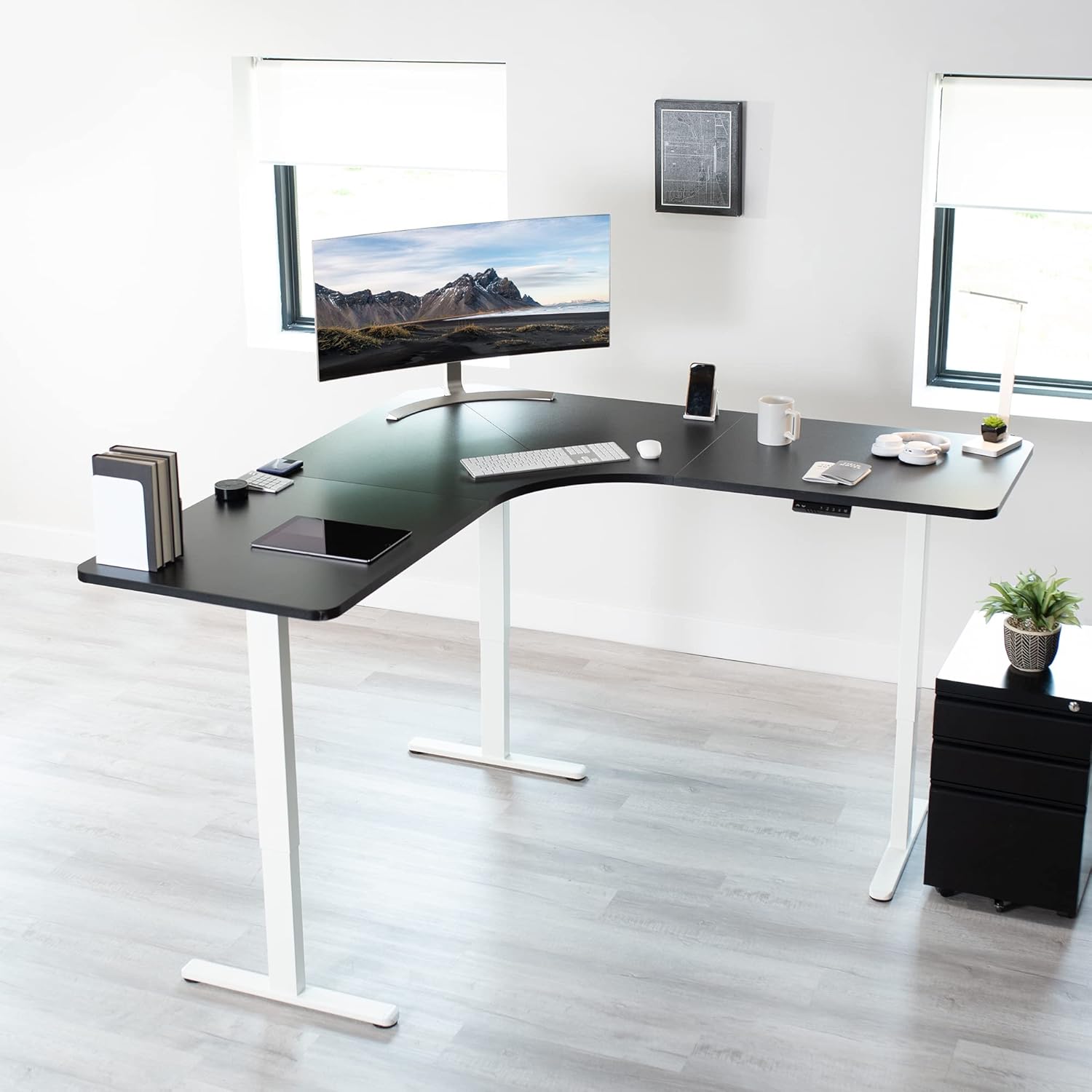VIVO Electric Height Adjustable 71 x 71 inch Curved Corner Stand Up Desk, Light Wood Table Top, Black Frame, Memory Controller, L-Shaped Workstation, E3C Series, DESK-KIT-E3CBC VIVO Electric Height Adjustable 71 x 71 inch Curved Corner Stand Up Desk, Light Wood Table Top, Black Frame, Memory Controller, L-Shaped Workstation, E3C Series, DESK-KIT-E3CBC
