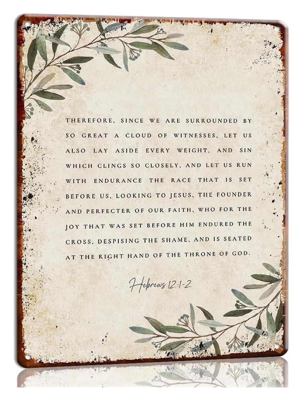 NWPNLXEA Let Run With Endurance Hebrews 12：1-2 Metal Sign Botanical Scripture Vintage Wall Hanging for Living Room Office 8 X 12 in