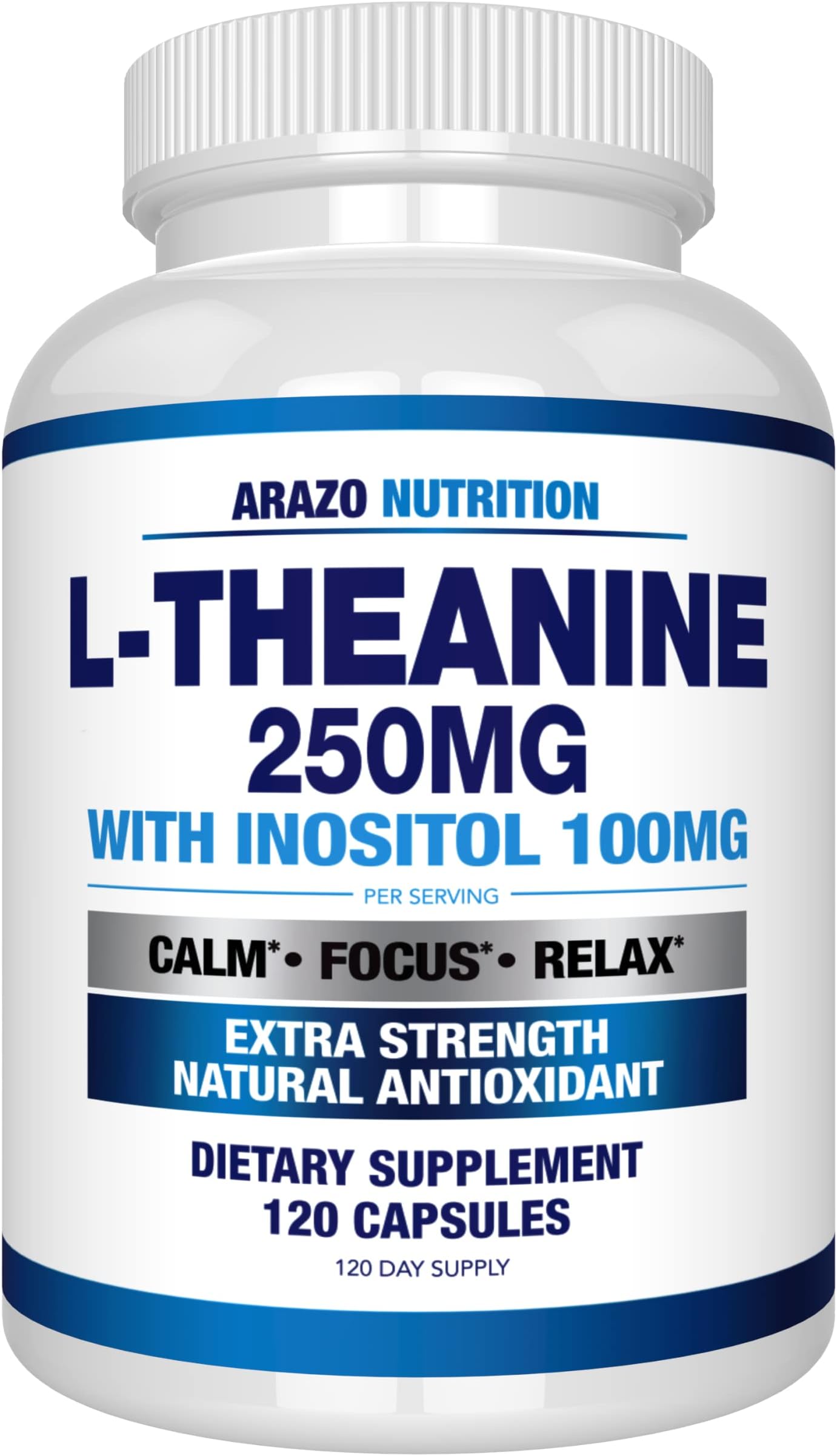 Arazo Nutrition L-Theanine 250mg (Extra Strength) with Inositol 100mg Per Serving, 120 Capsules Vegetarian