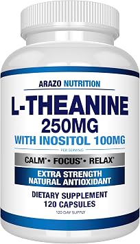 Arazo Nutrition L-Theanine 250mg Extra Strength with Inositol 100mg Per Serving, 120 Capsules Vegetarian