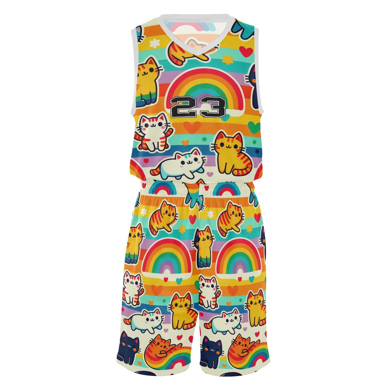 FLildon Cute Rainbow Cats Boys Basketball Jersey Set Tank Top Shorts Tracksuit Sport Training Suit for Kids, S