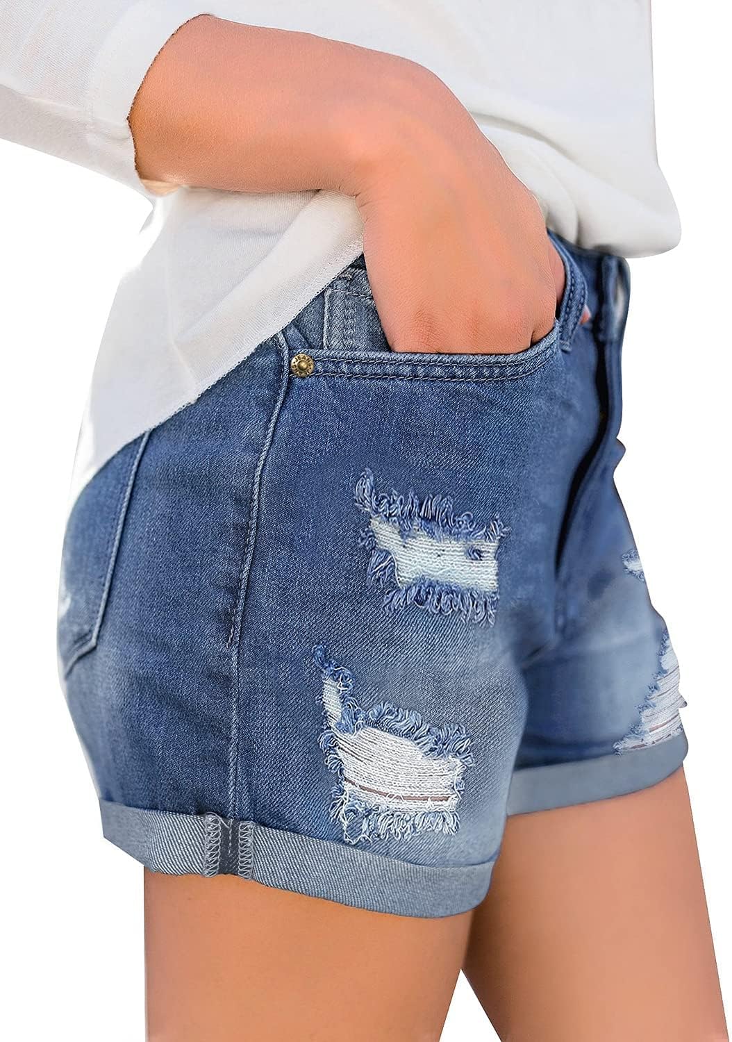 LookbookStore Women's High Waisted Rolled Hem Distressed Jeans Ripped Denim Shorts - Image 4