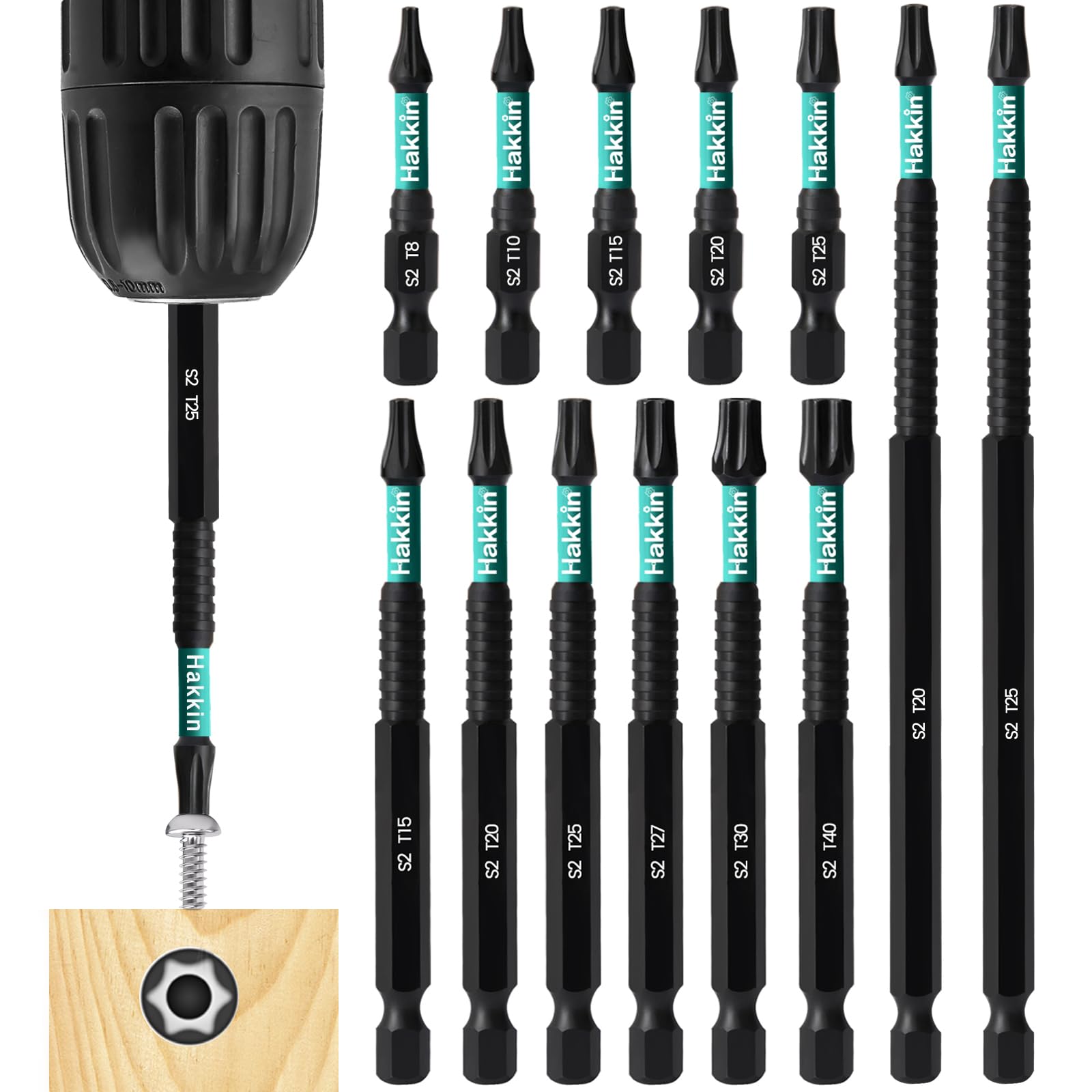 Hakkin 13 Stück Torx Bit Set Lang Bitsatz für Akkuschrauber 50mm 90mm 150mm 1/4" Torx Schraubendreher S2 Schlagschrauber Bits Set mit Loch T8,T10,T15,T20,T25,T27,T30,T40
