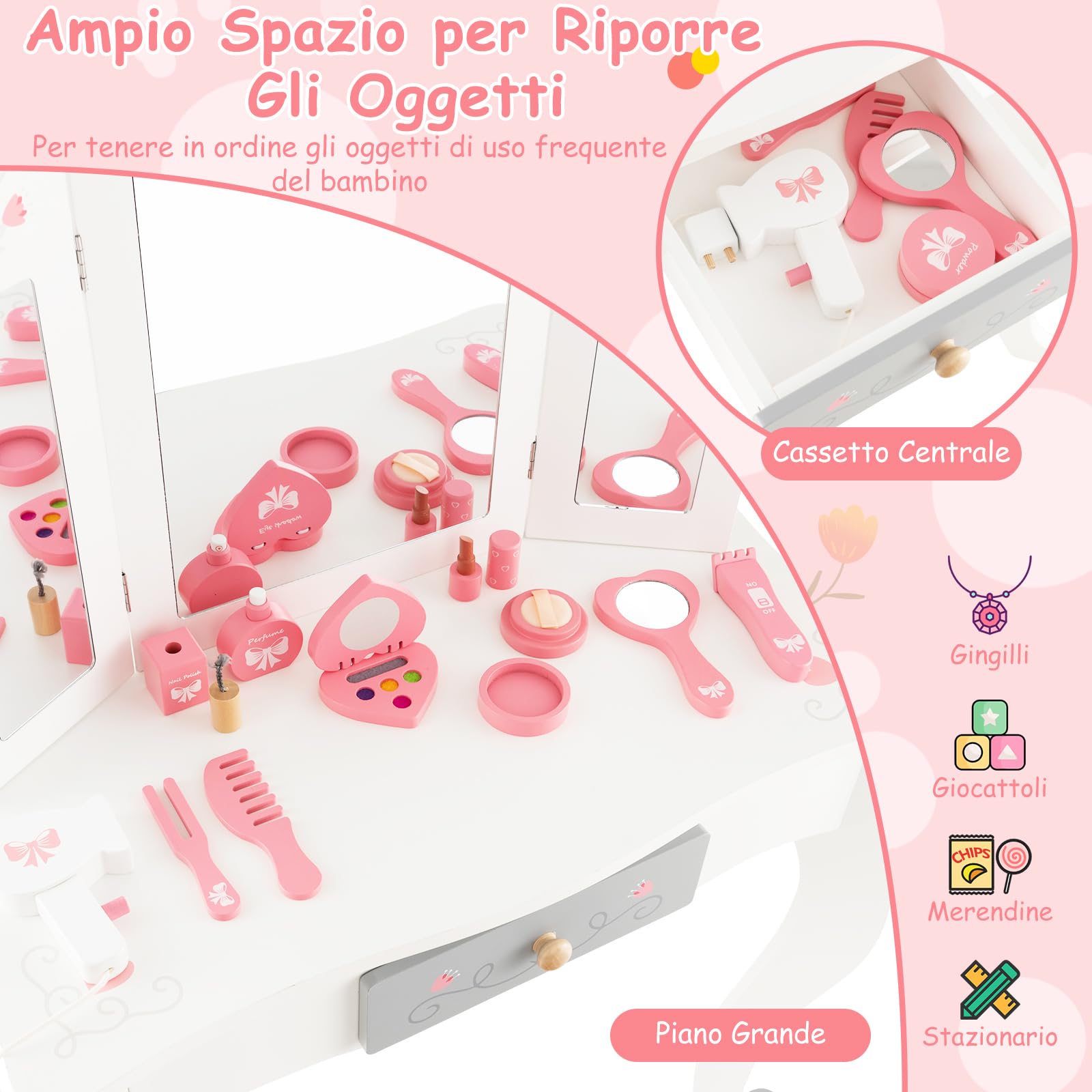 RELAX4LIFE Toeletta Trucco per Bambina, Specchiera Trucco con Sgabello e Accessori da Trucco, Toeletta in Legno, Specchio Rimovibile, per Bambini 3+ Anni (TRIPLO, 34x50x93cm)