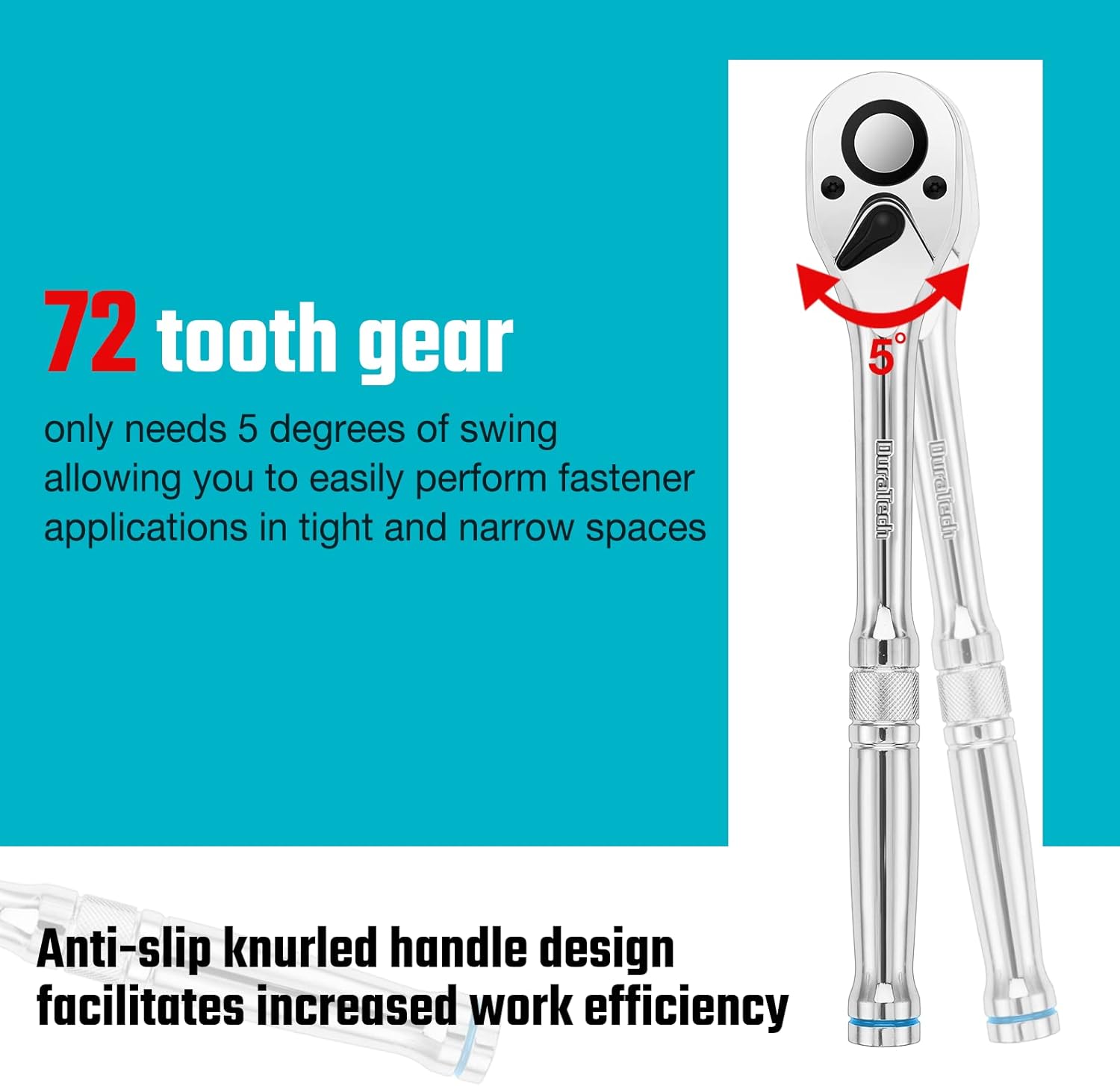 DURATECH 3/8-Inch Drive Ratchet, Quick-Release Ratchet Wrench, 72-Tooth, Reversible Switch, Full-Polished Chrome Plating, Alloy Steel - - 