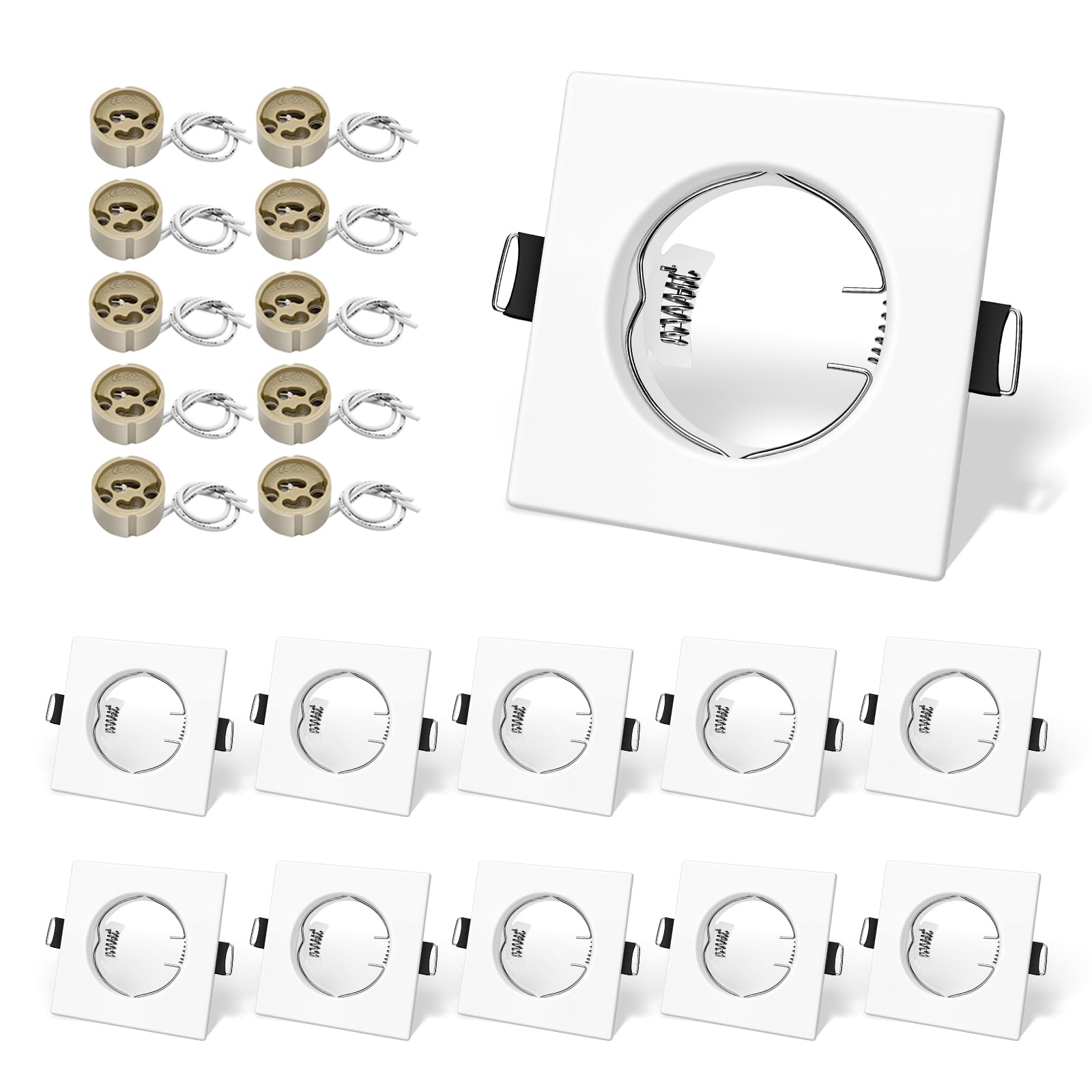 Confezione da 10 Telai Quadrati per Faretti a Incasso con Portalampada GU10 Certificato VDE – Bianco Opaco in Metallo (80x80 mm), Foro 55-70 mm, Incl. Molle e Anelli di Fissaggio – Lampadina Esclusa