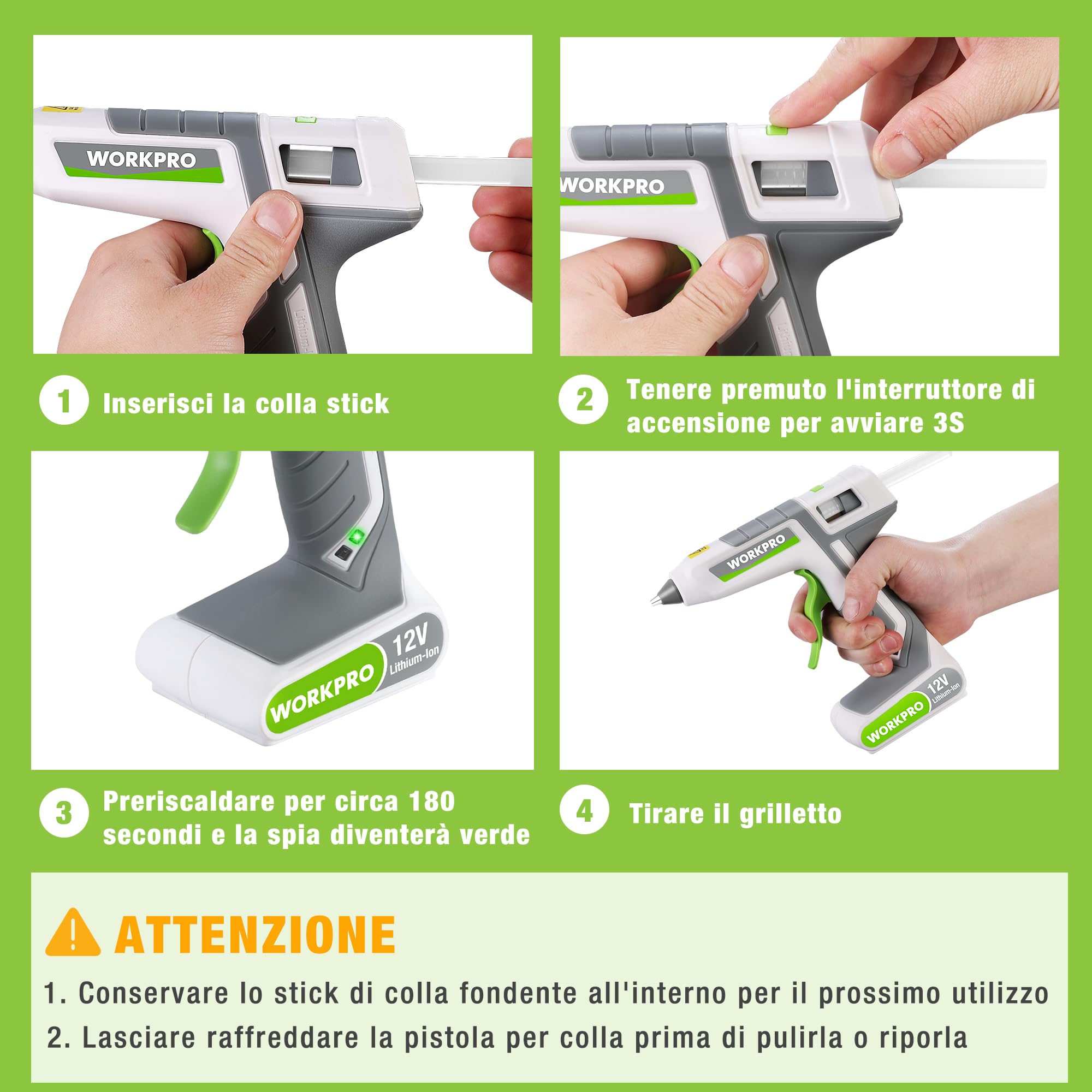 WORKPRO Pistola Colla a Caldo, Pistola per Colla a Caldo Senza Fili da 12 V, con 20 Stick di Colla (11 * 200 mm), Preriscaldamento Rapido, per Fai da Te