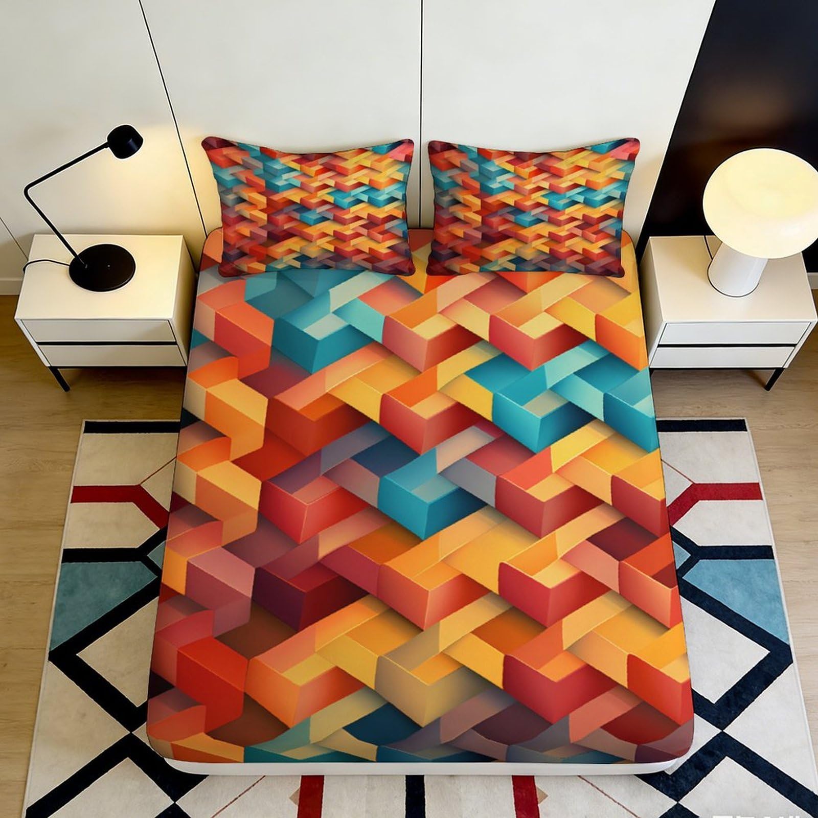Pnayamiorkfel Style-3 3D Printed Geometric Color Blocks Fitted Sheet Microfiber Soft Breathable Abstract Mattress Cover For Bedroom Guest Room Decor 90X200x25cm